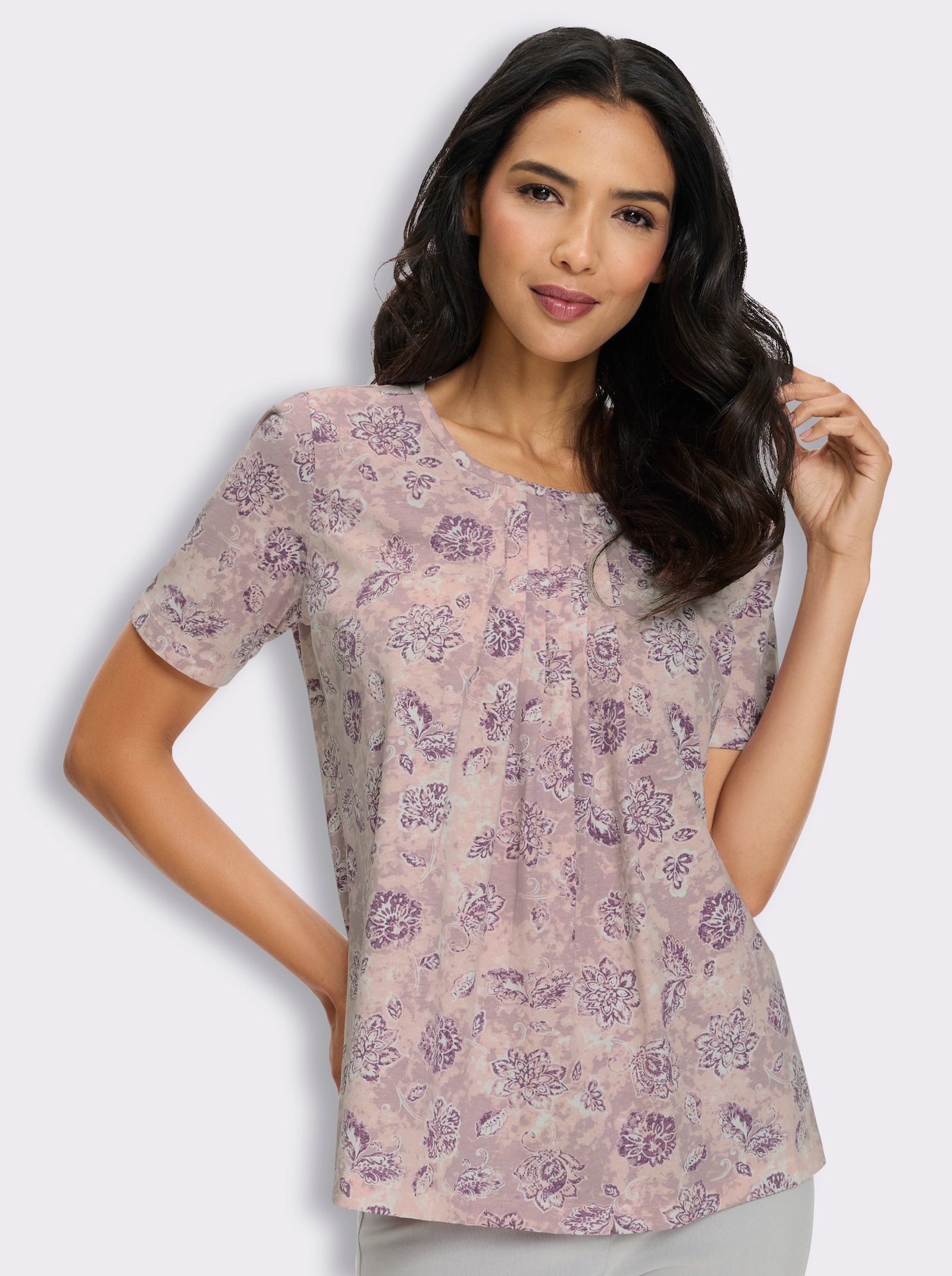 Kurzarmshirt mit Faltenpartie vorne - mauve-hortensie-bedruckt