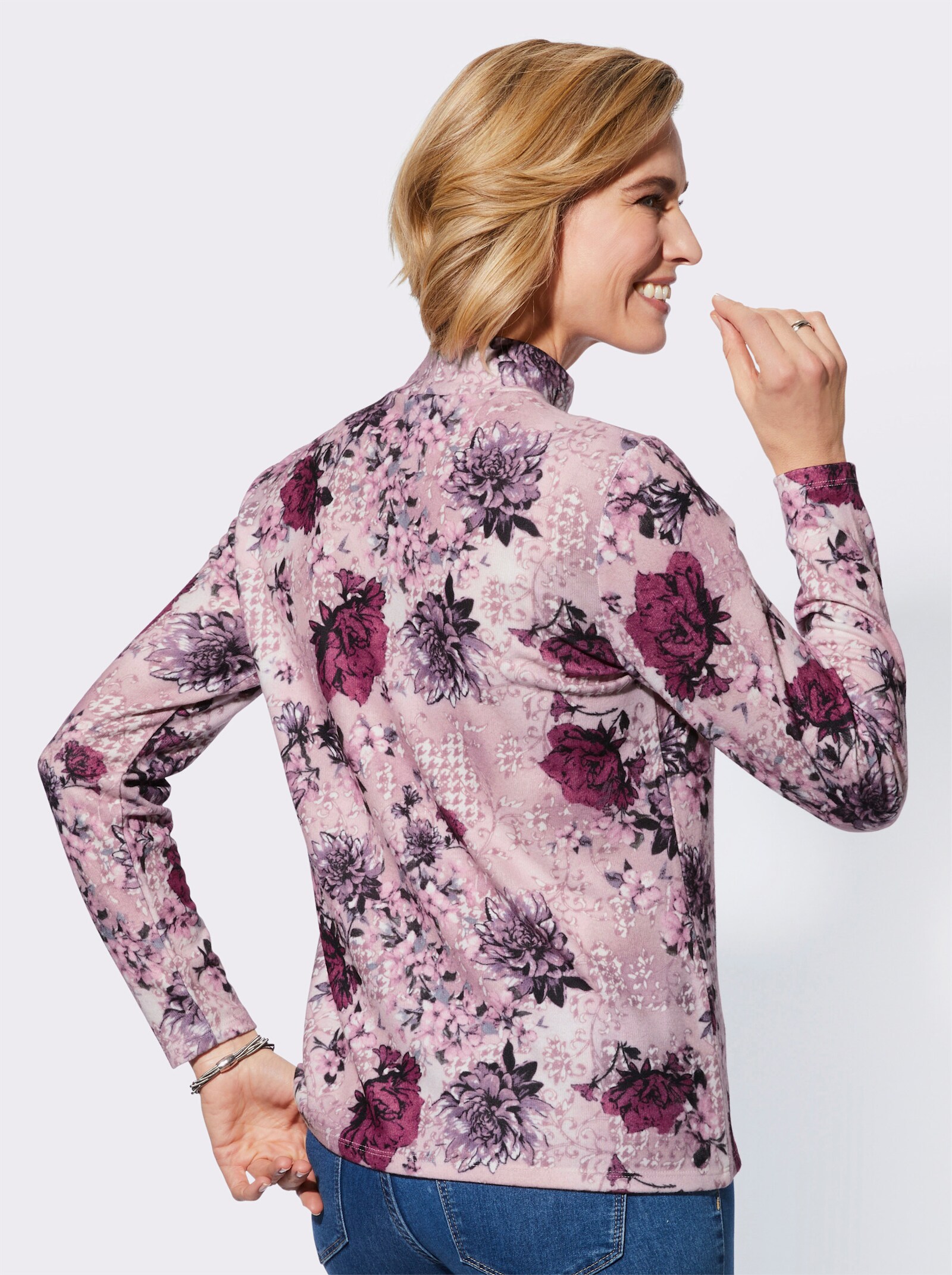 Stehkragenshirt mit floralem Druck - hellrosé-erika-bedruckt