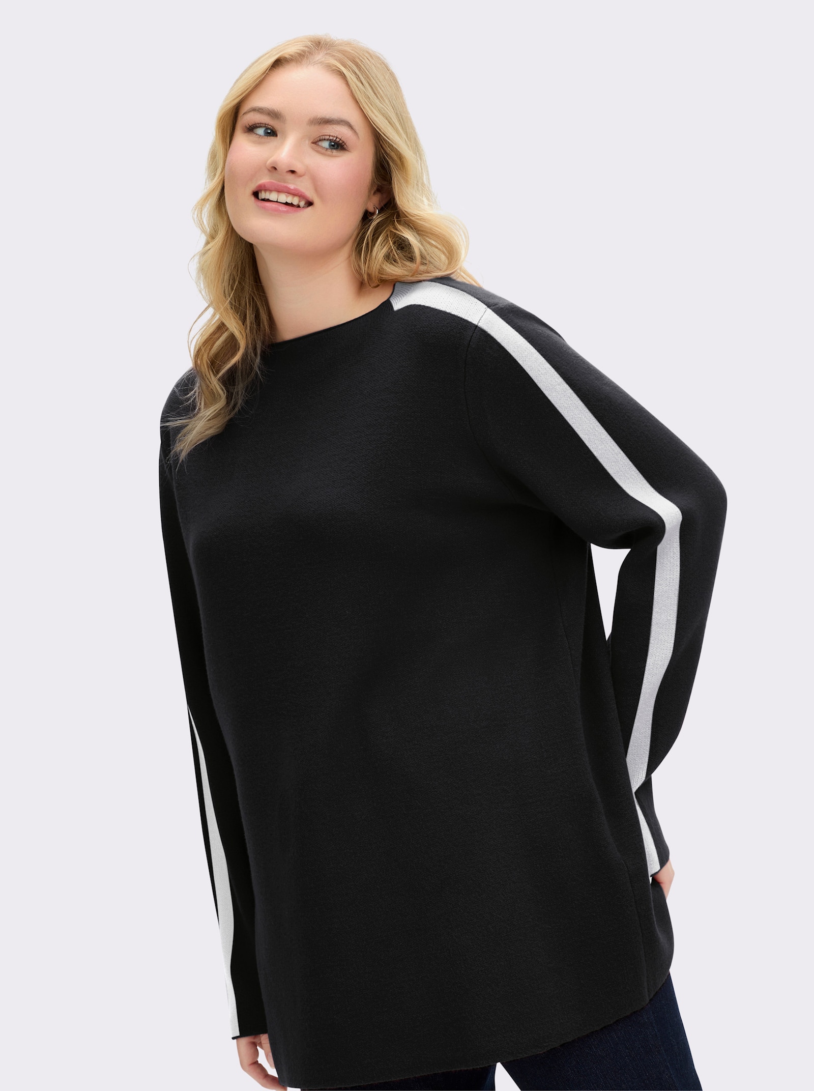 sheego Gebreide pullover met jacquardstrepen - zwart/ecru