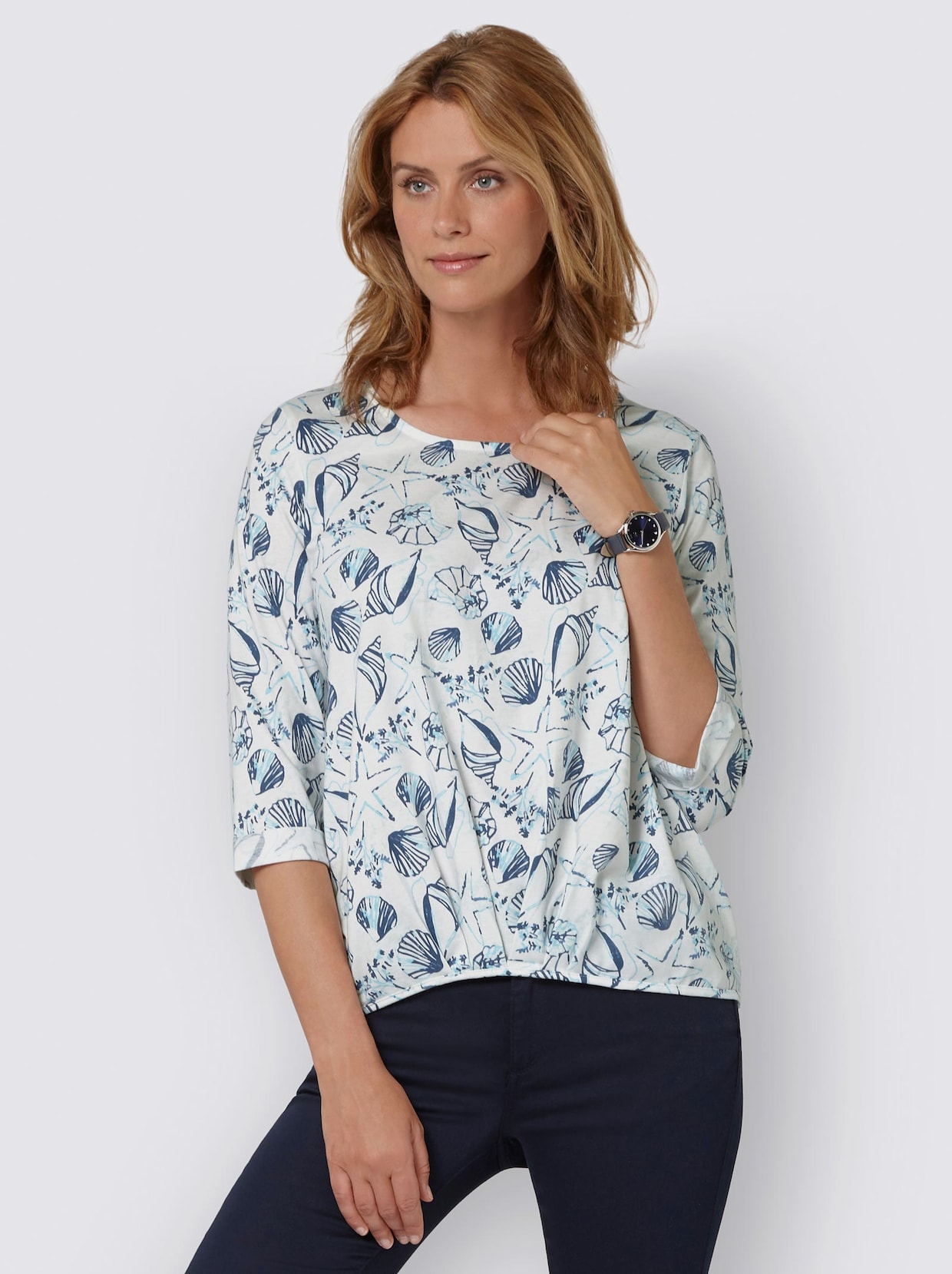 Shirt met 3/4-mouw - jeansblauw/ecru bedrukt
