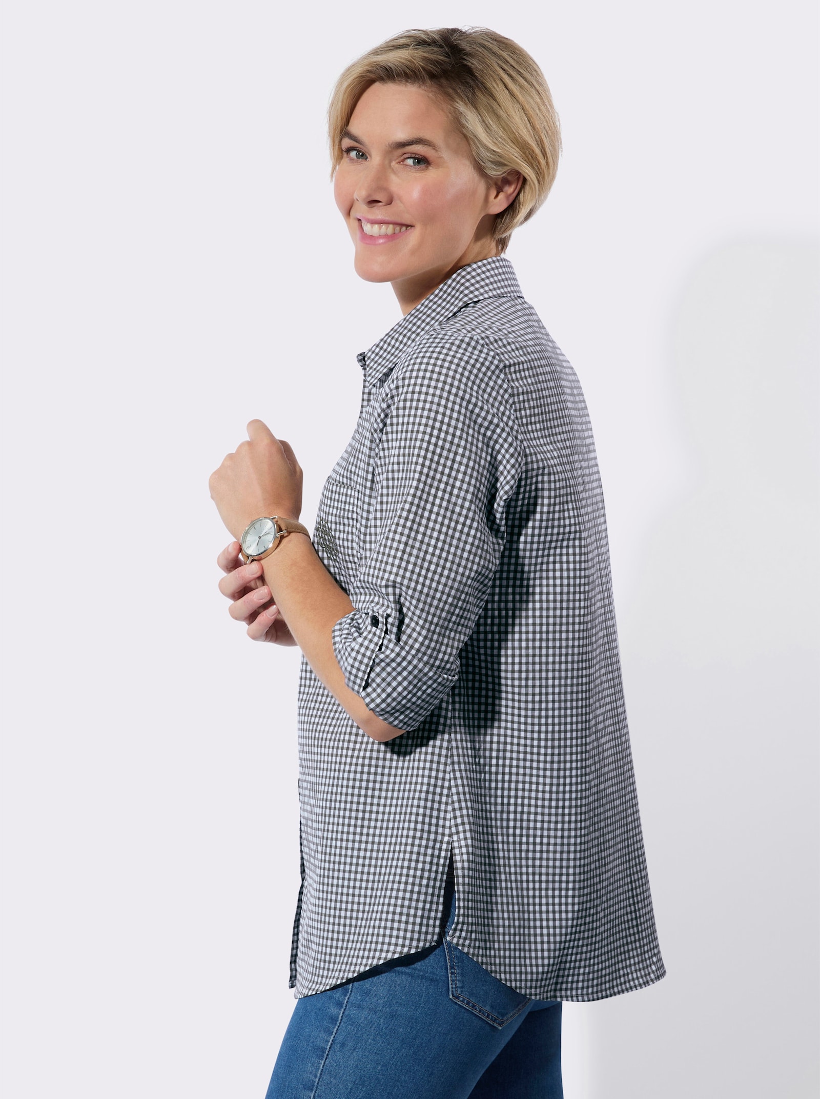 Lange blouse in onderhoudsarme materiaalmix - zwart/wit geruit