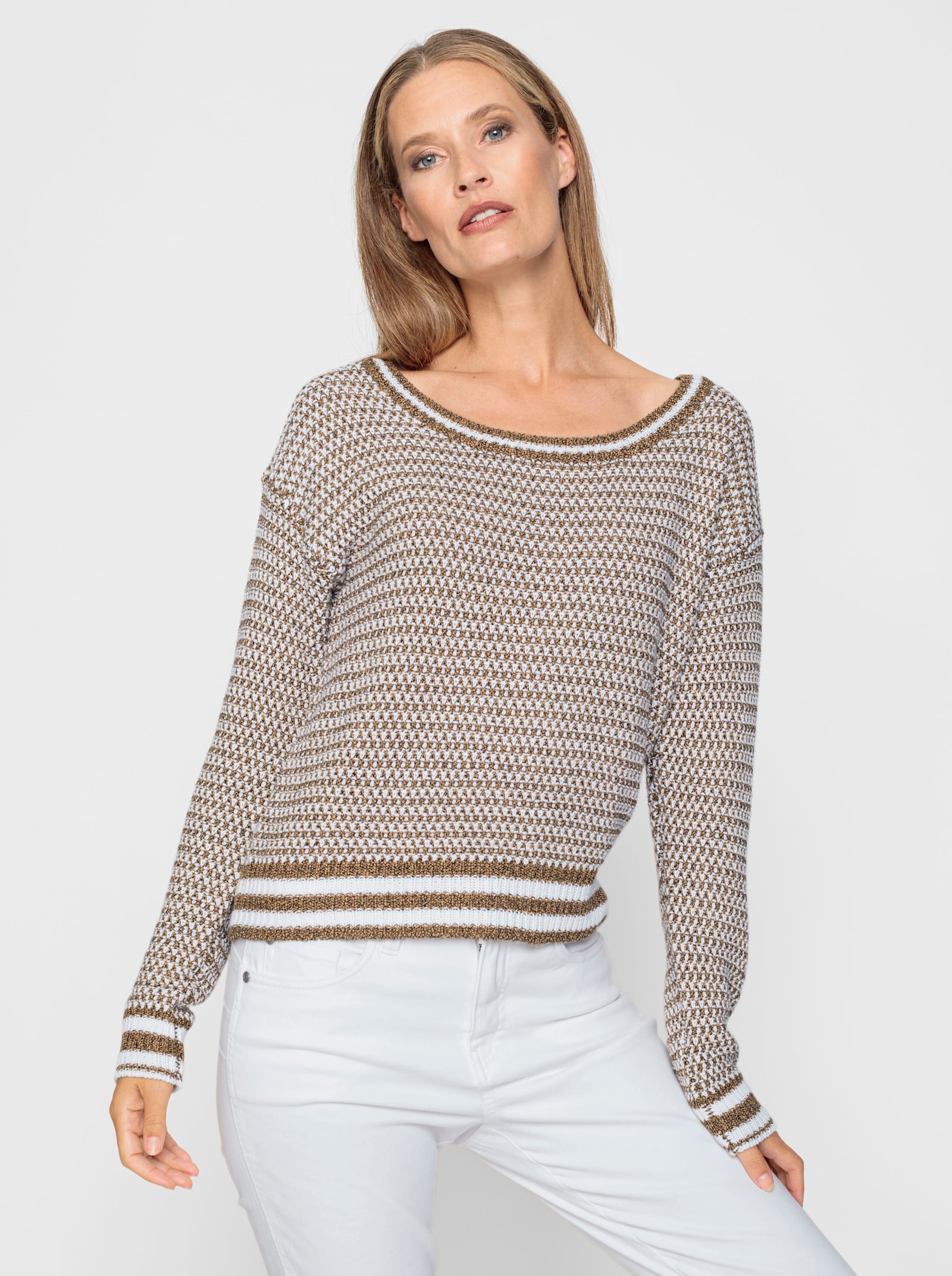 heine Strickpullover mit Effektgarn - weiß-camel-meliert