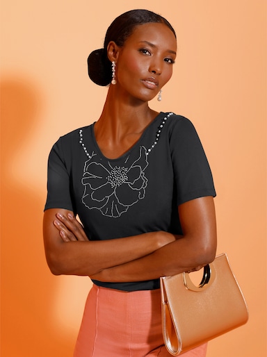 Kurzarmshirt mit Blüten-Applikation - graphit
