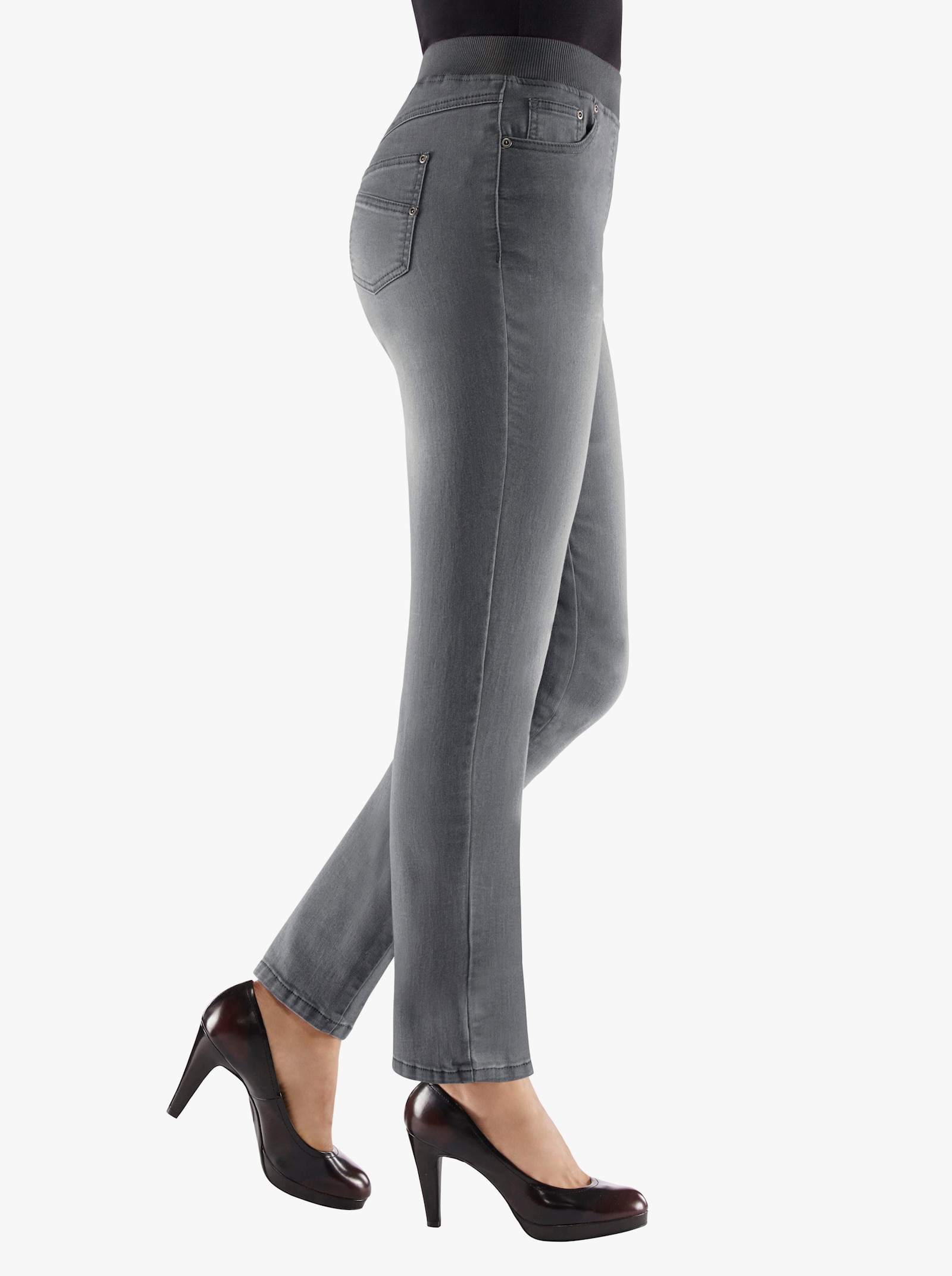 Schlupfjeans mit geripptem Strick-Dehnbund - grey-denim