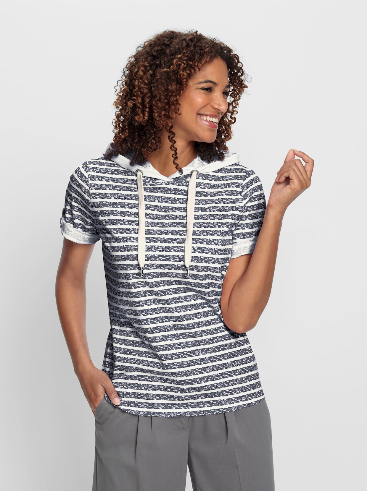 Shirt met capuchon - marine/ecru gestreept