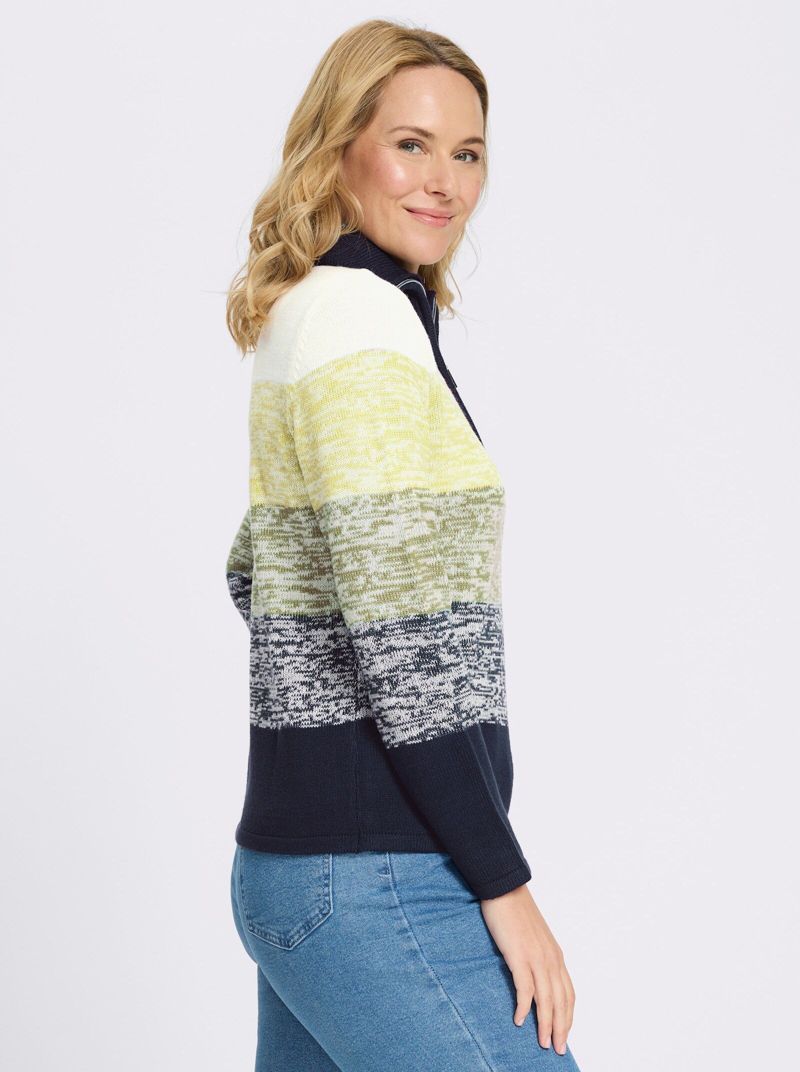 Langarm-Pullover mit kurzem Reißverschluss - schilf-marine-gemustert