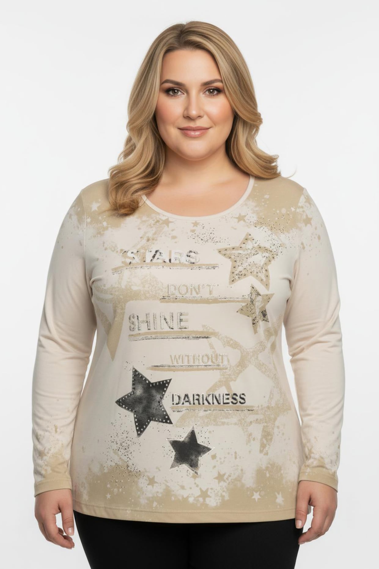 Print-Shirt mit glänzendem Sternendruck - champagner-schwarz-bedruckt