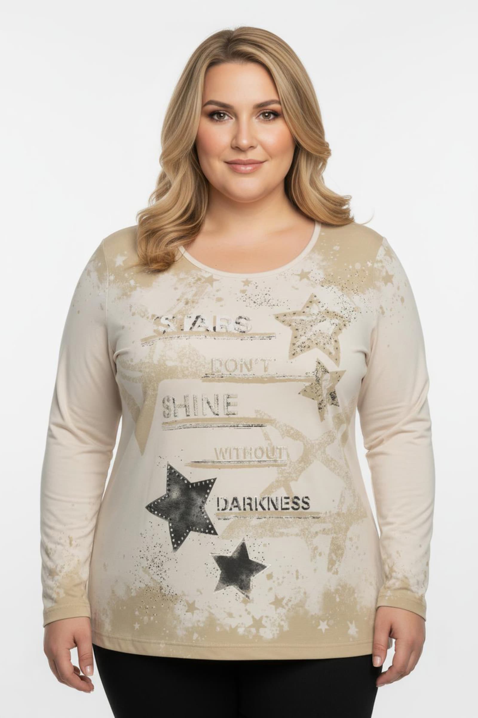 Print-Shirt mit glänzendem Sternendruck - champagner-schwarz-bedruckt