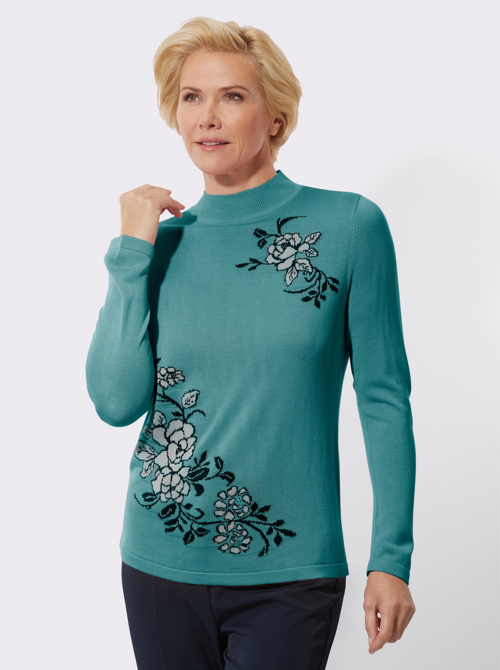 Stehkragenpullover mit floralem Intarsienmuster - ozean