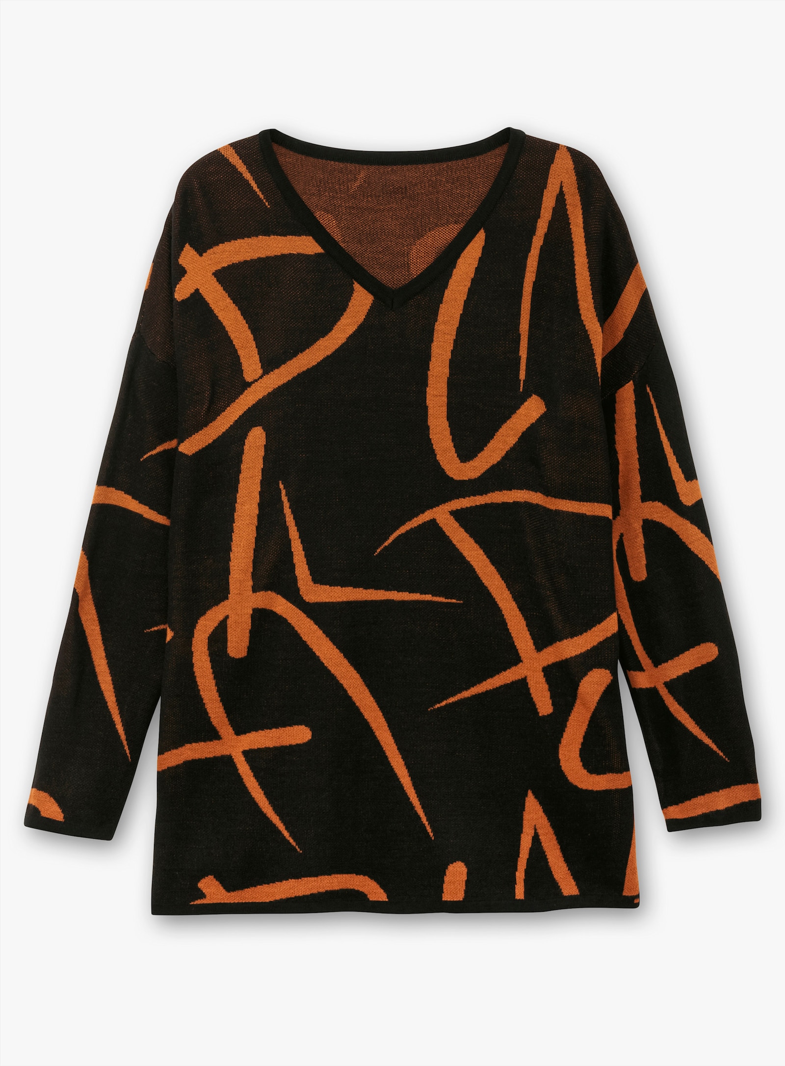 Longpullover mit Seitenschlitzen - schwarz-cognac-gemustert