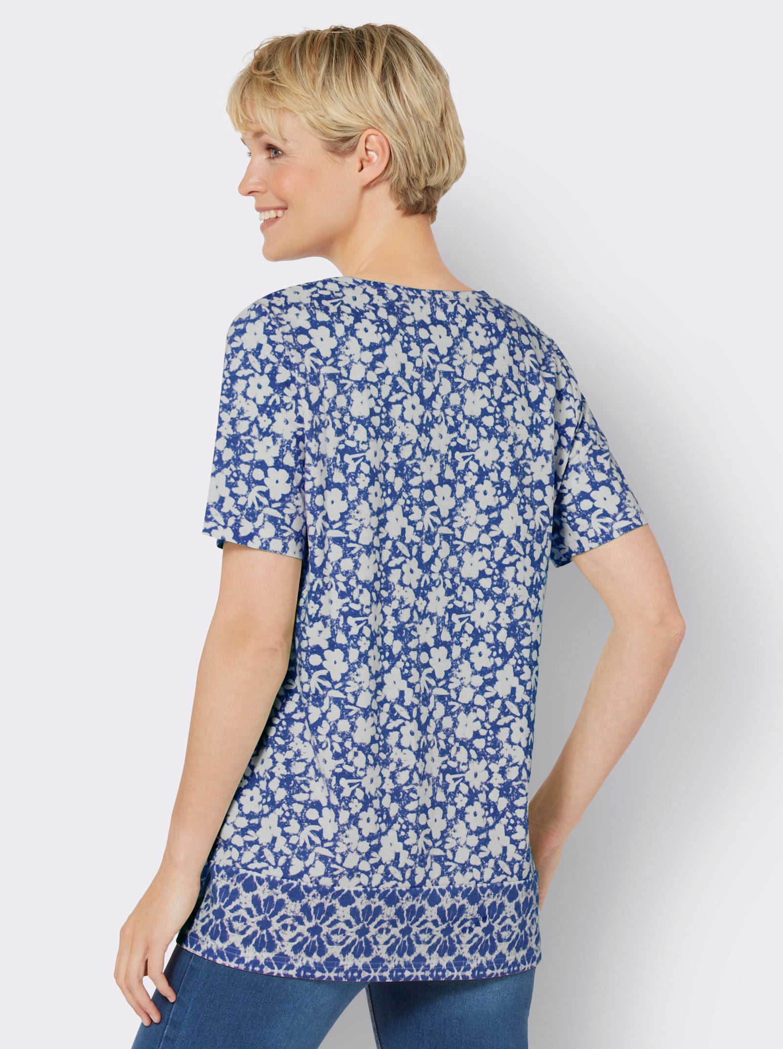 Longshirt mit Blumen- und Bordüren-Druck - royalblau-weiß-bedruckt