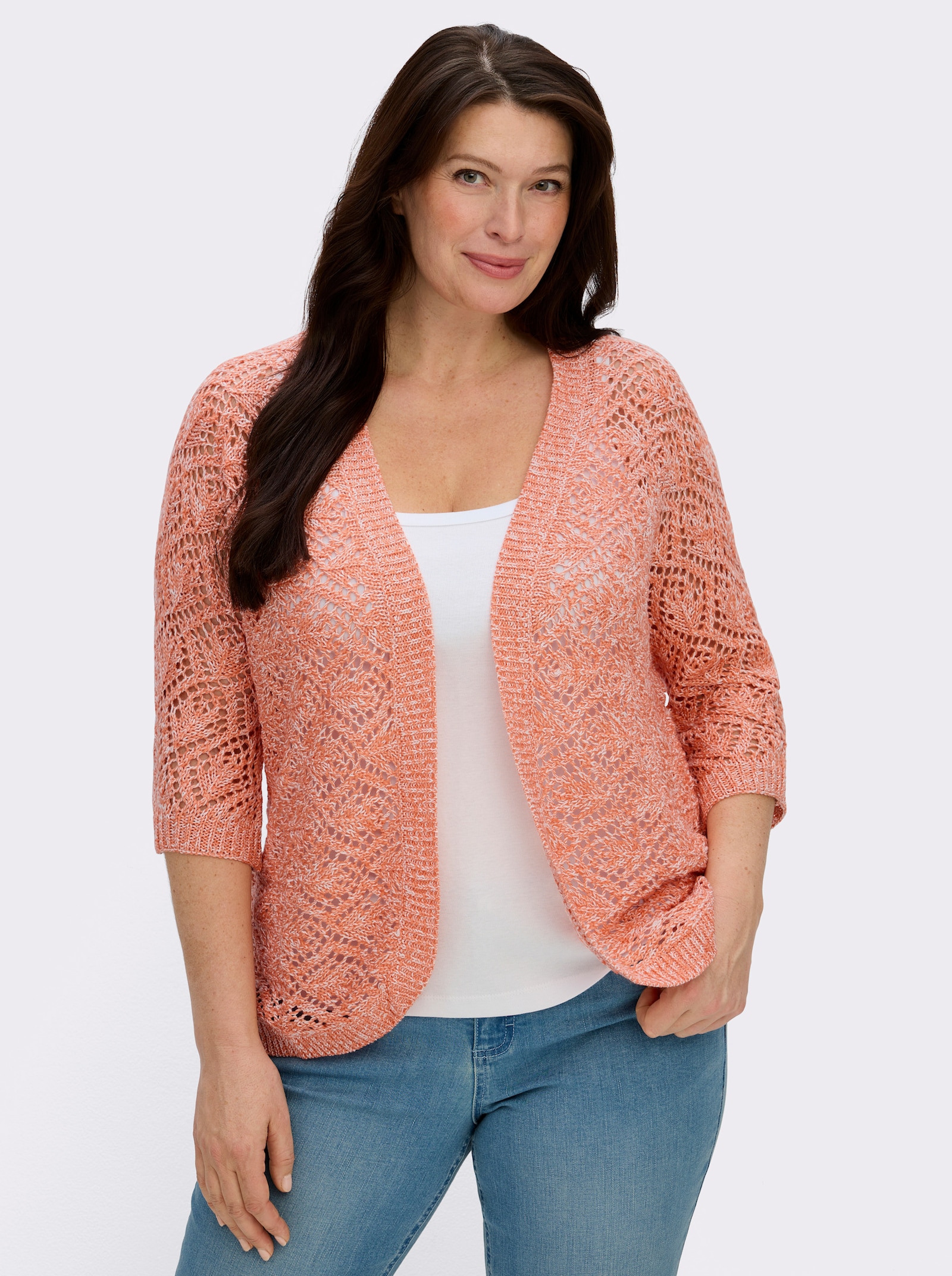 Ajourstrickjacke mit Fledermaus-Ärmeln - papaya-ecru-meliert