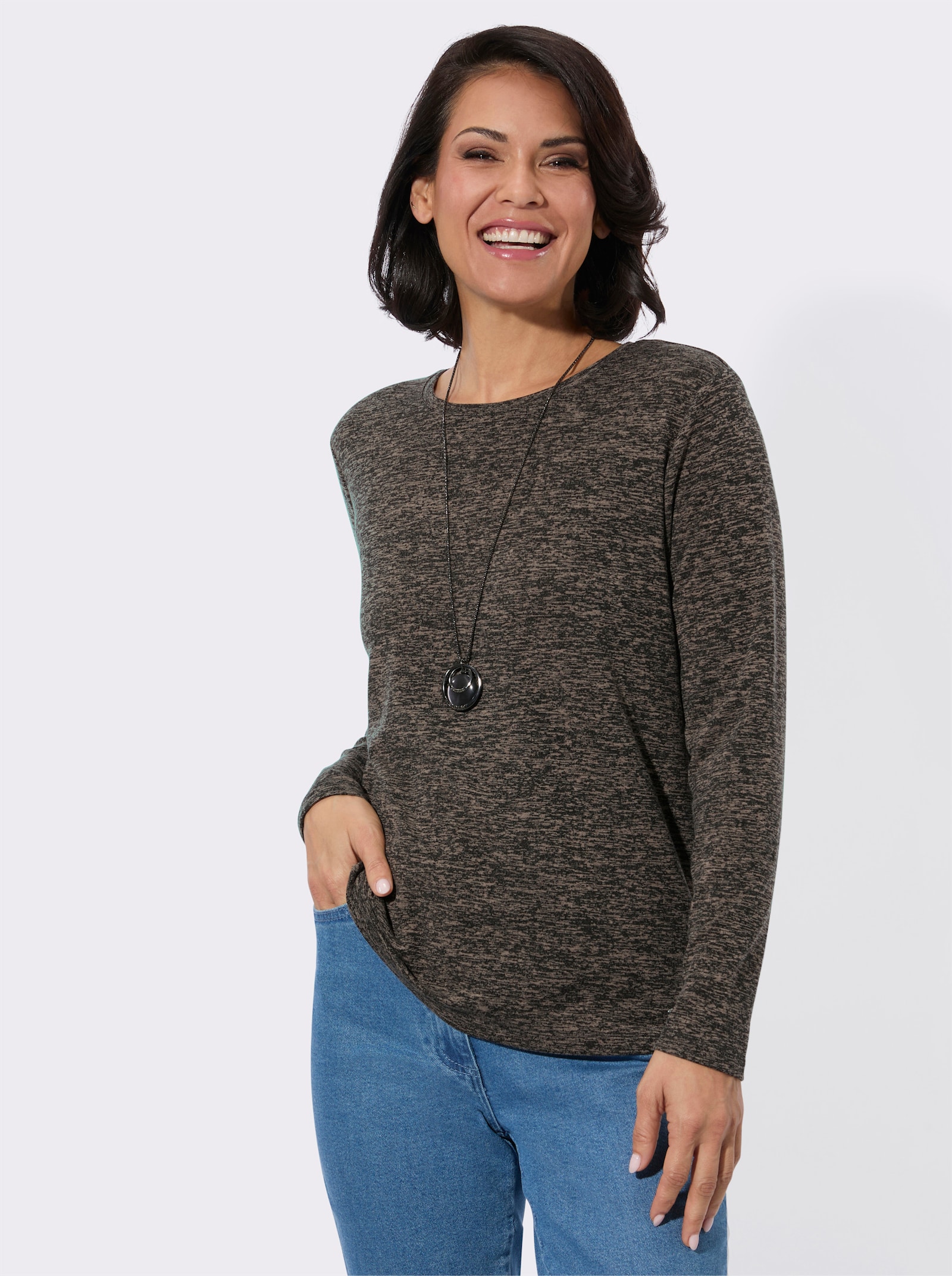 Rundhalsshirt mit Jacquard-Muster - beige-meliert