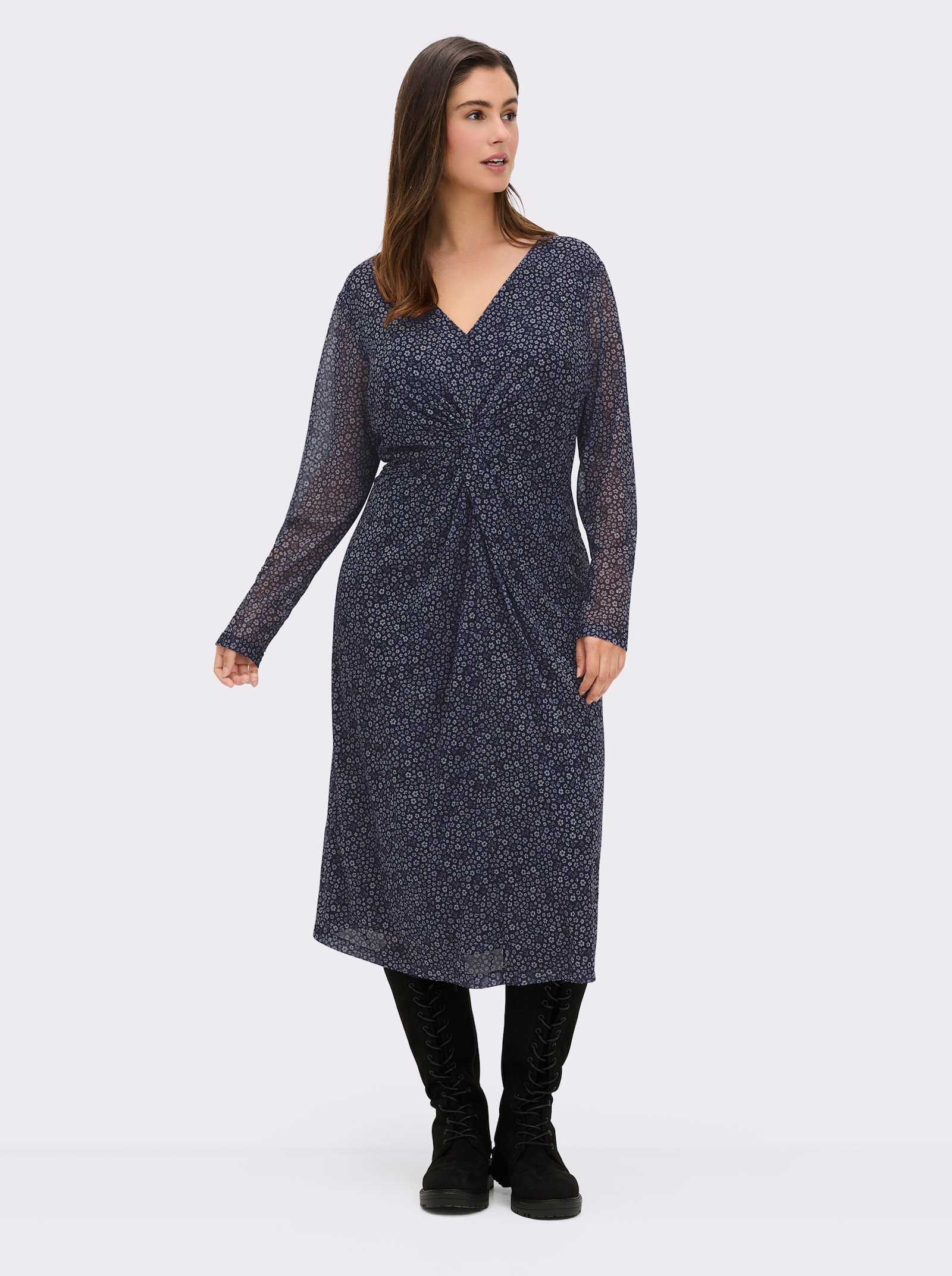 sheego Blumenkleid aus Mesh, mit Knotendetail - tiefblau-bedruckt