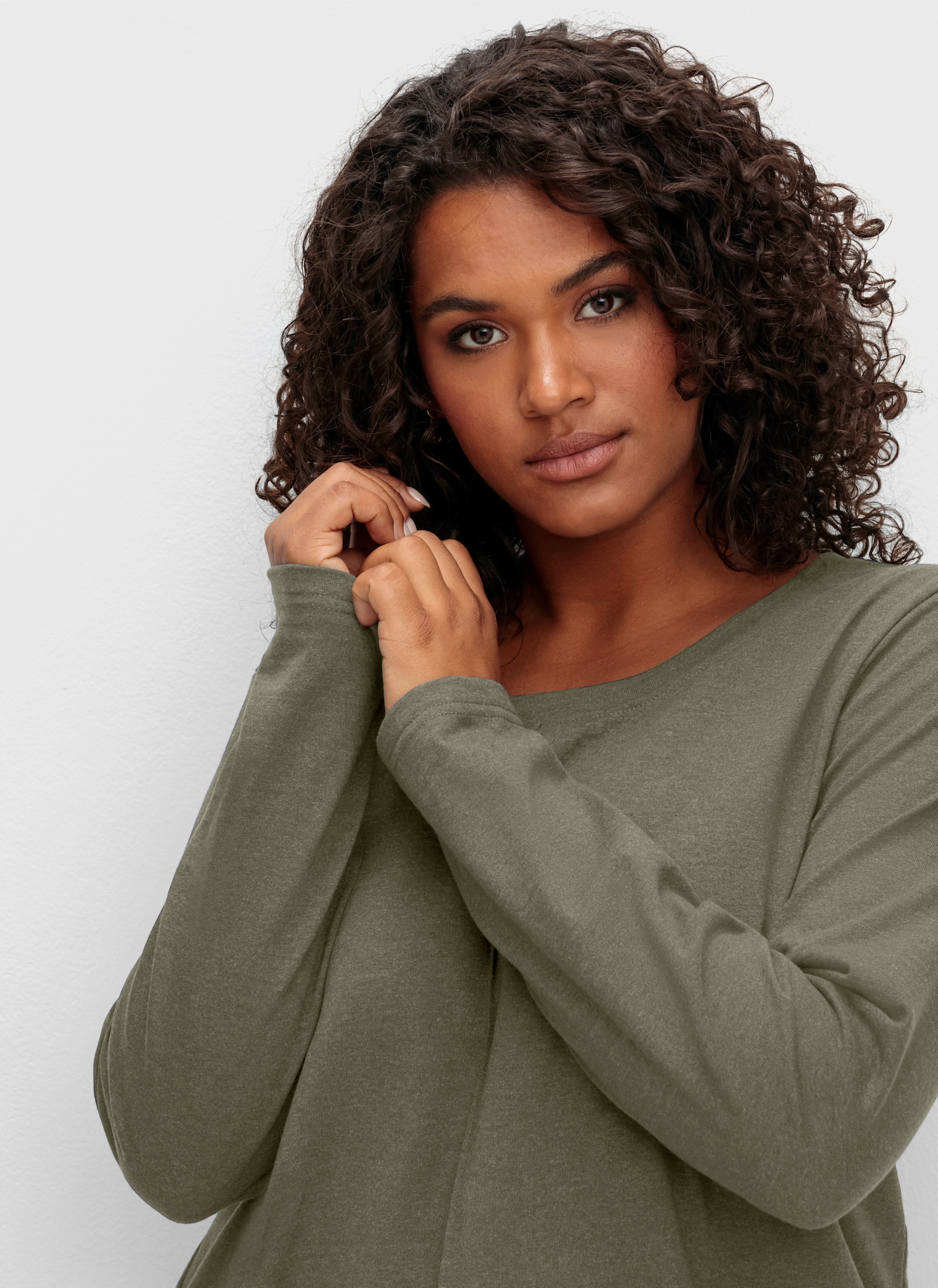 sheego Langarmshirt - khaki-meliert