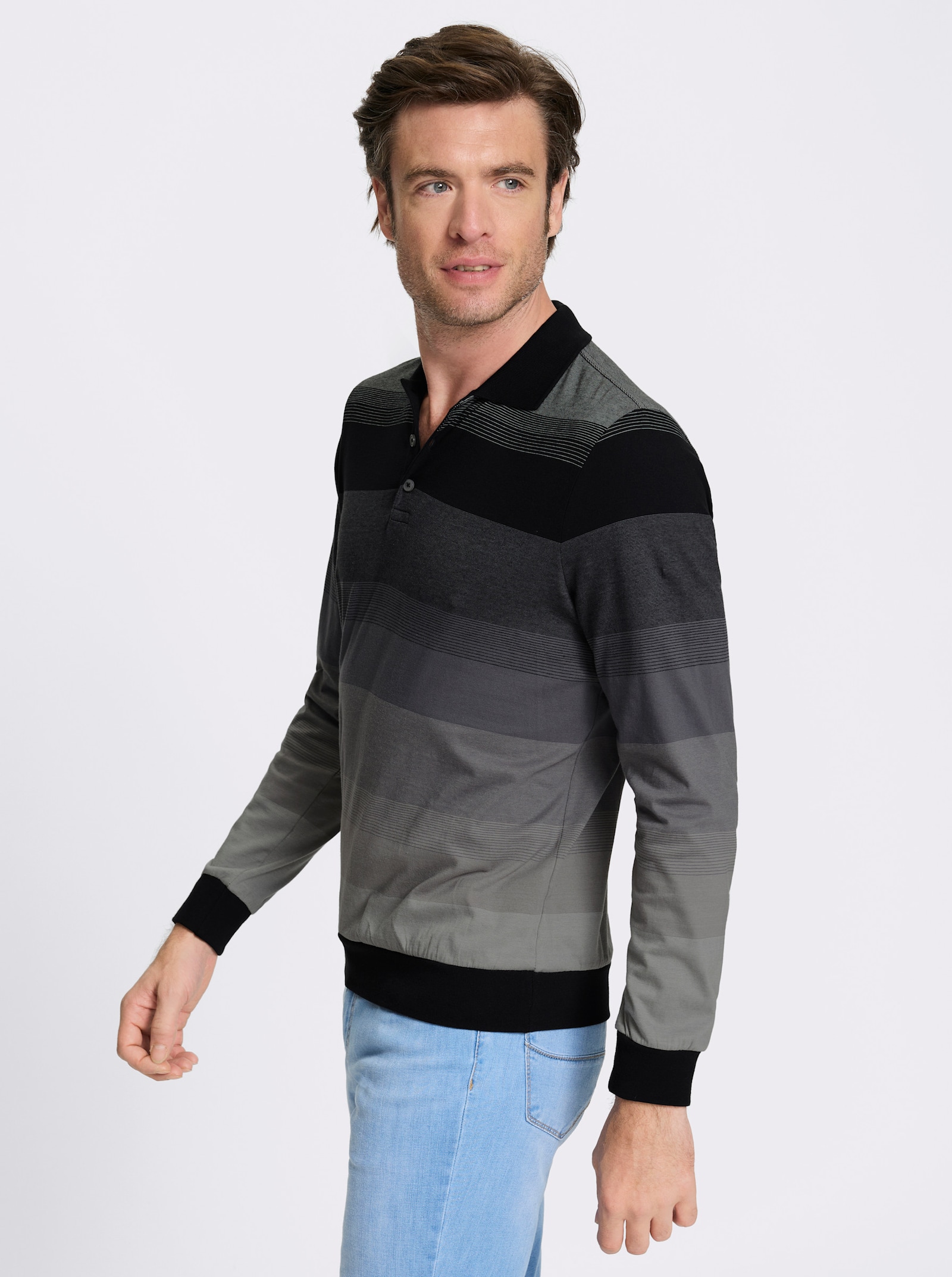 Marco Donati Langarm-Poloshirt , hochwertig garngefärbt - schwarz-anthrazit-gestreift