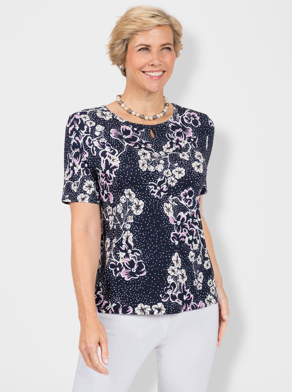 Shirt met ronde hals - orchidee/marine bedrukt