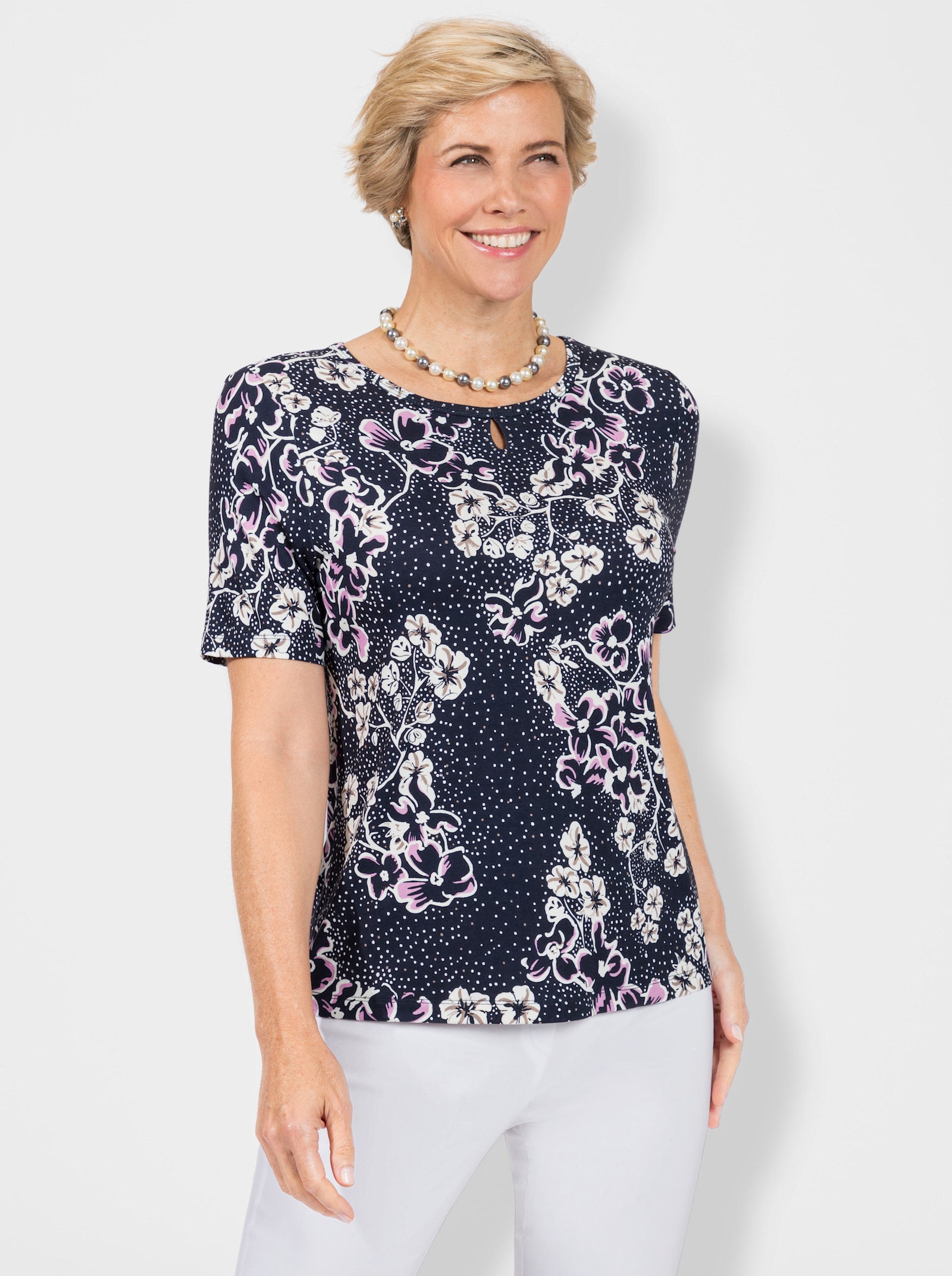 Rundhalsshirt mit Glitzersteinchen-Deko - orchidee-marine-bedruckt