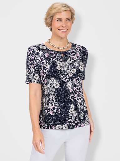 Rundhalsshirt mit Glitzersteinchen-Deko - orchidee-marine-bedruckt