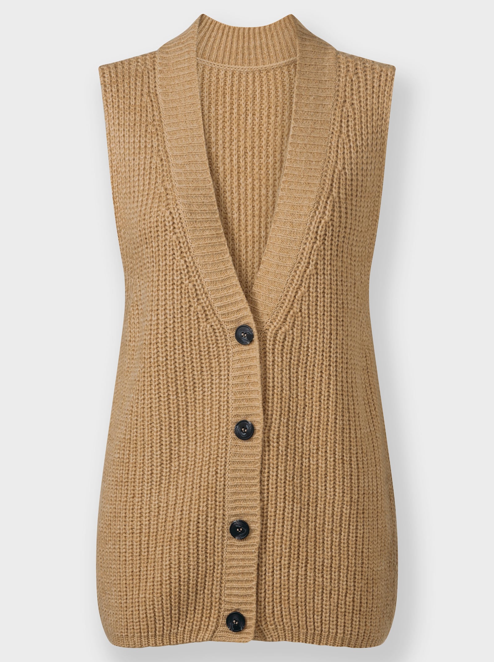 Mouwloos vest met knopen in houtlook - camel