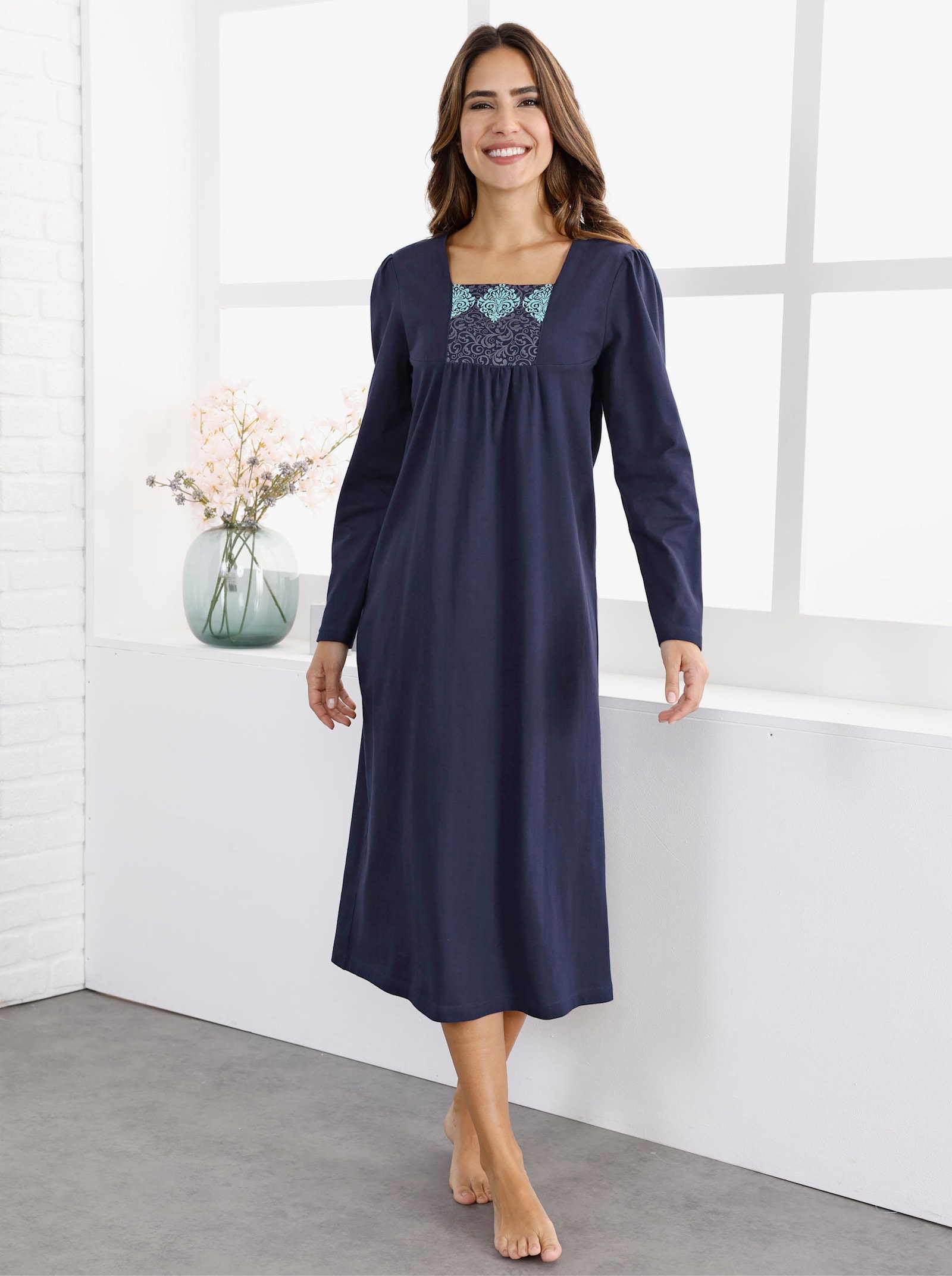 Nachthemd met vierkante hals, gerimpeld - marine
