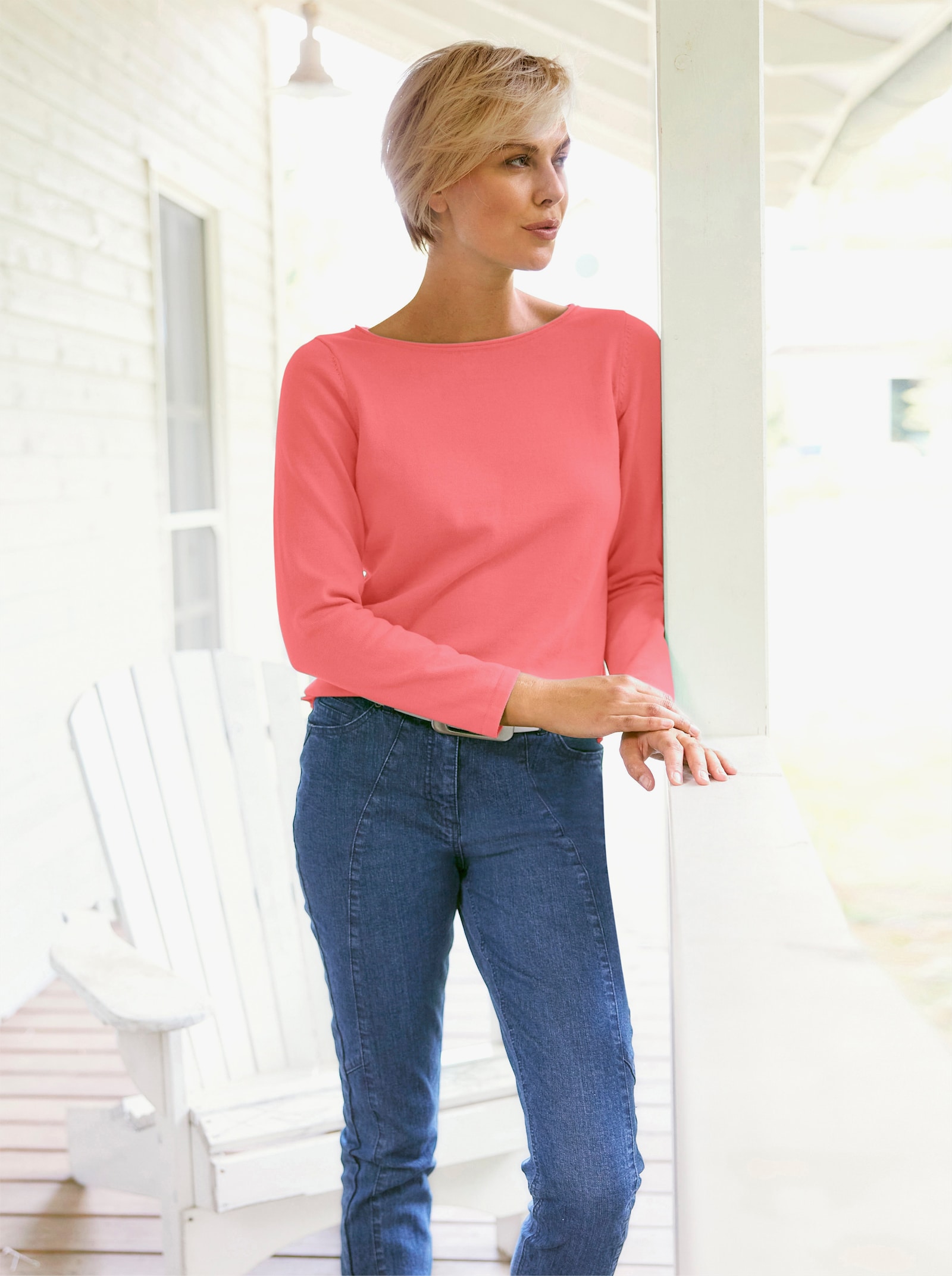 heine Baumwollpullover mit leichtem U-Boot-Ausschnitt - koralle