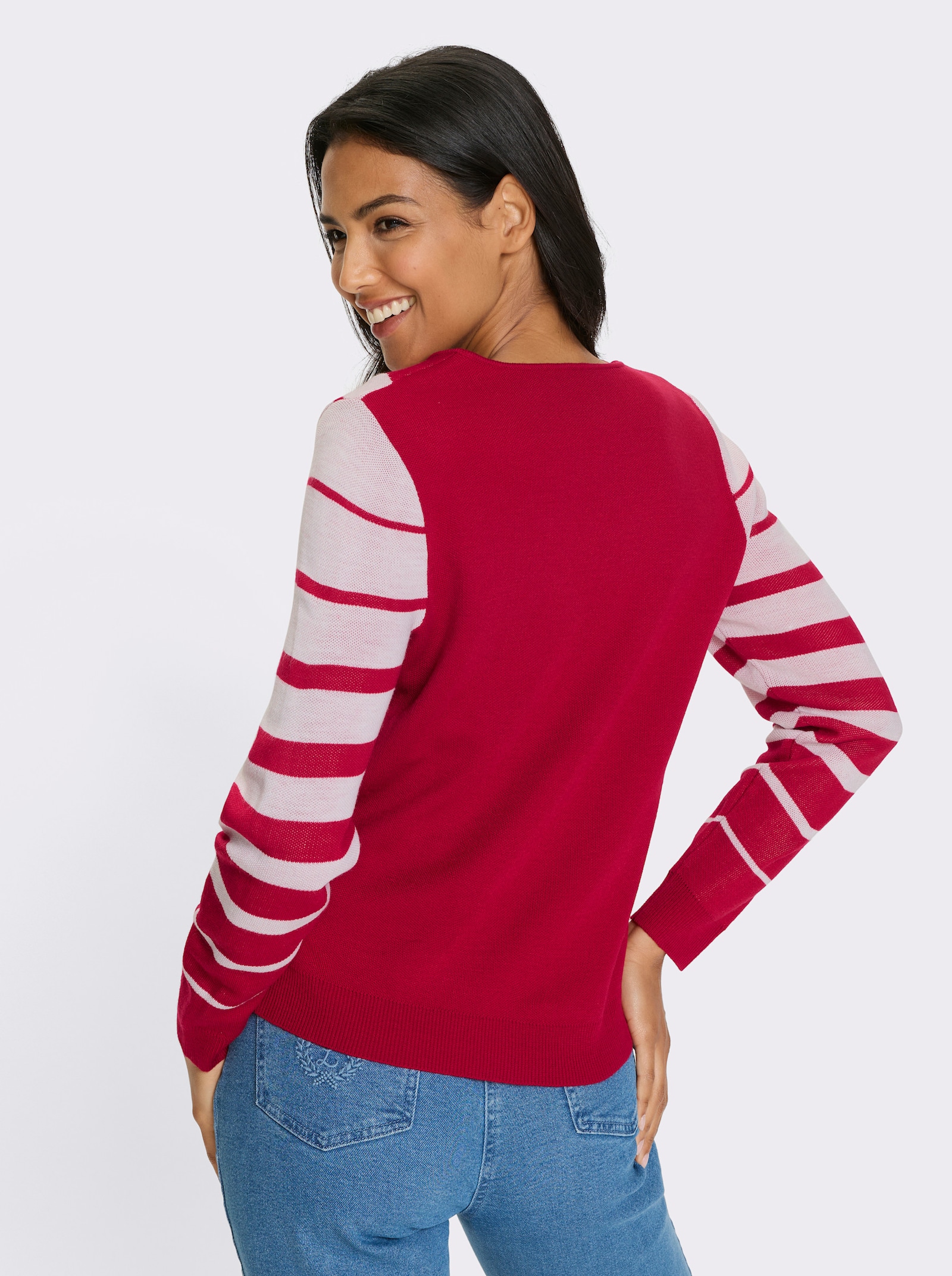 V-Ausschnitt-Pullover mit Streifen-Muster - rot-weiß-gemustert