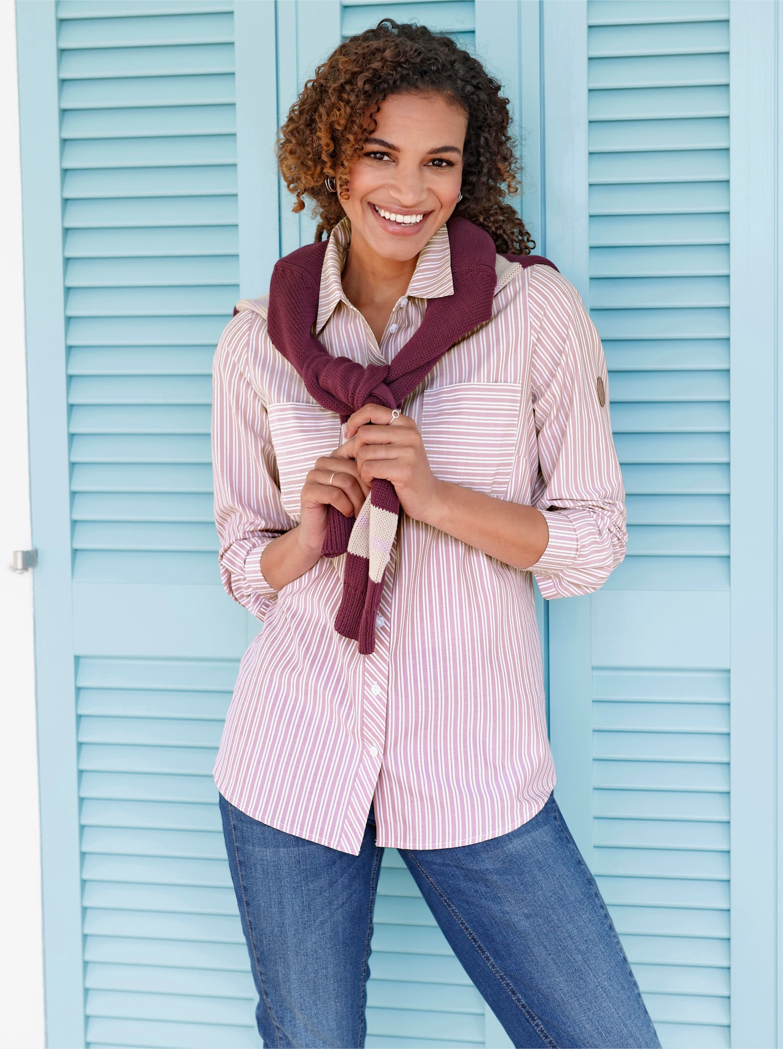 Gestreepte blouse met opgestikte borstzakken - mauve/wit gestreept