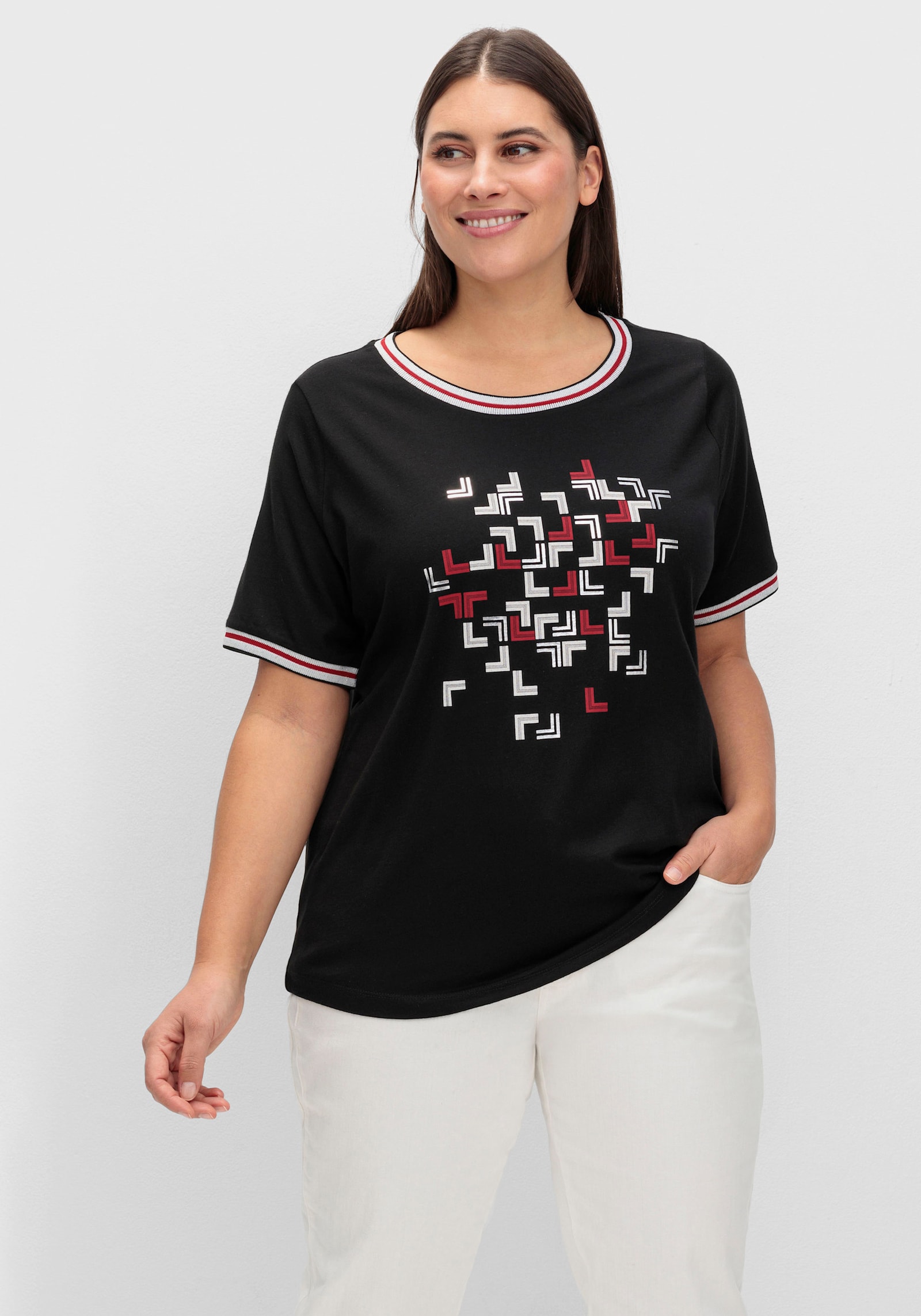 Rundhalsshirt mit Glanz- und Glitzer-Akzenten - schwarz-bedruckt