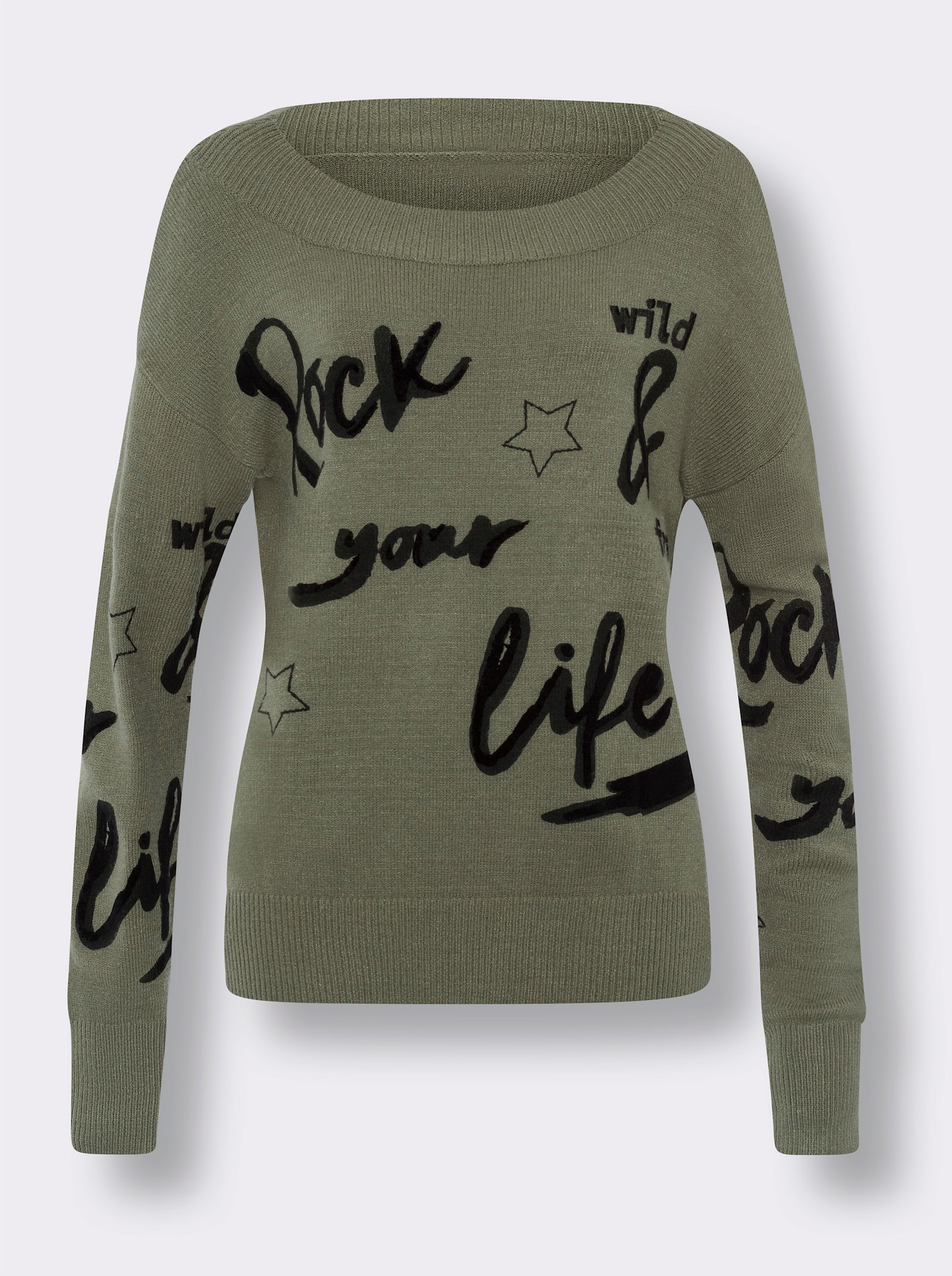 heine Strickpullover mit Flockprint vorne - khaki