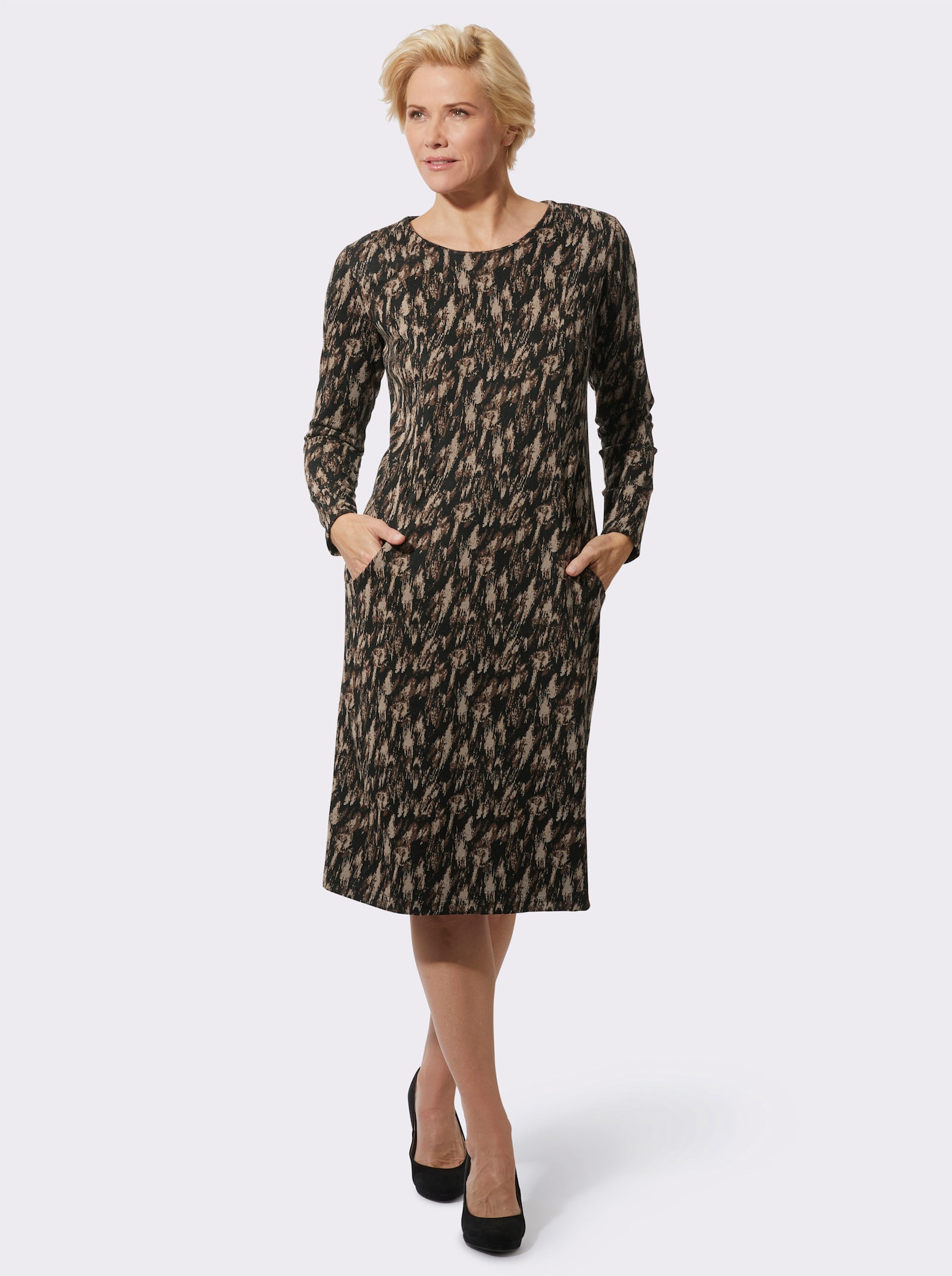 Jerseyjurk met jacquardpatroon - zwart/bruin gedessineerd