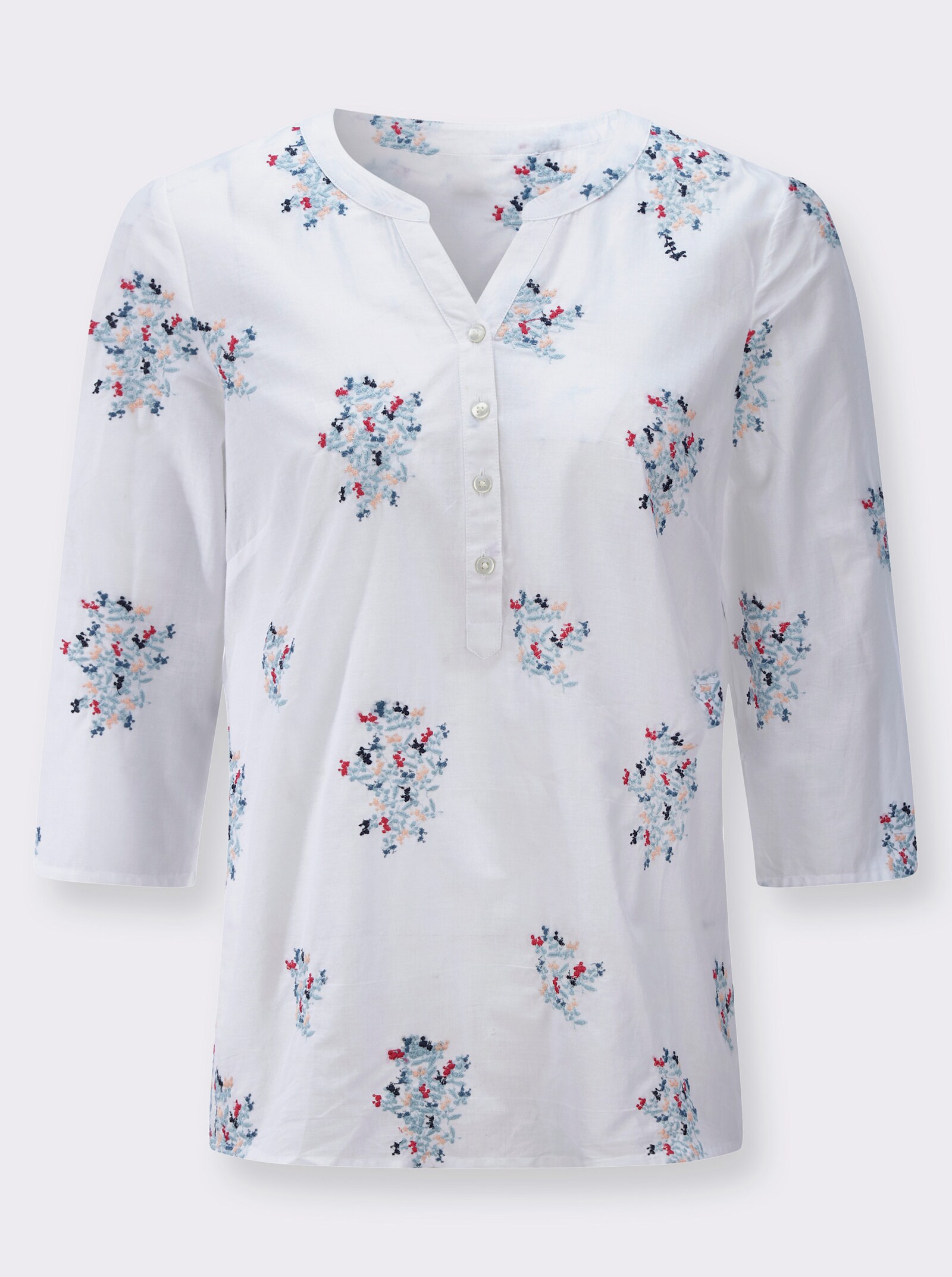 Baumwollbluse mit Brustabnähern - ecru-hellblau-gemustert