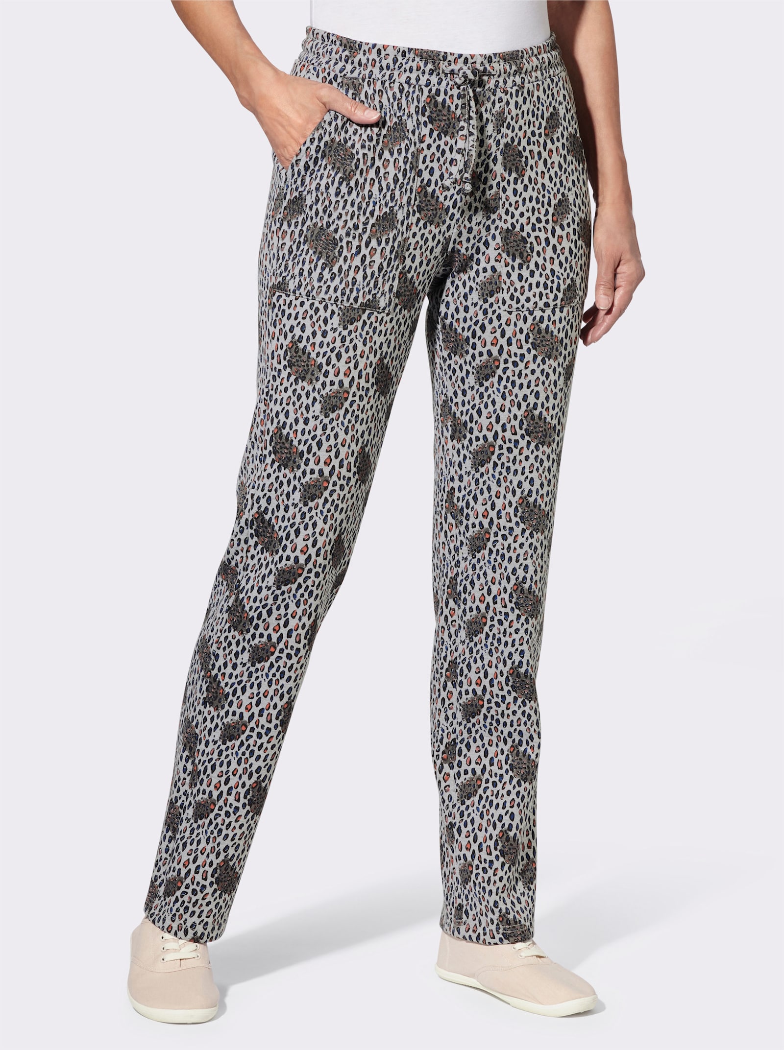 Jerseybroek met opgestikte zakken - grijs gemêleerd/zwart bedrukt