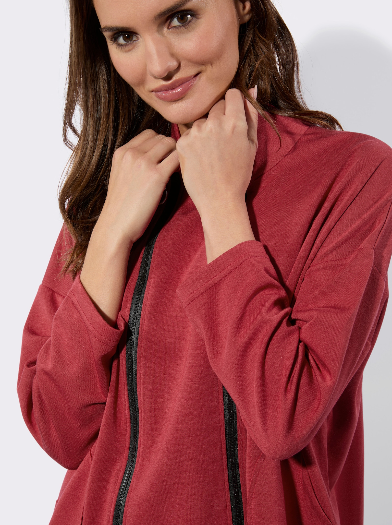 Sweatjacke mit 2 Kontrast-Reißverschlüssen - kirsche