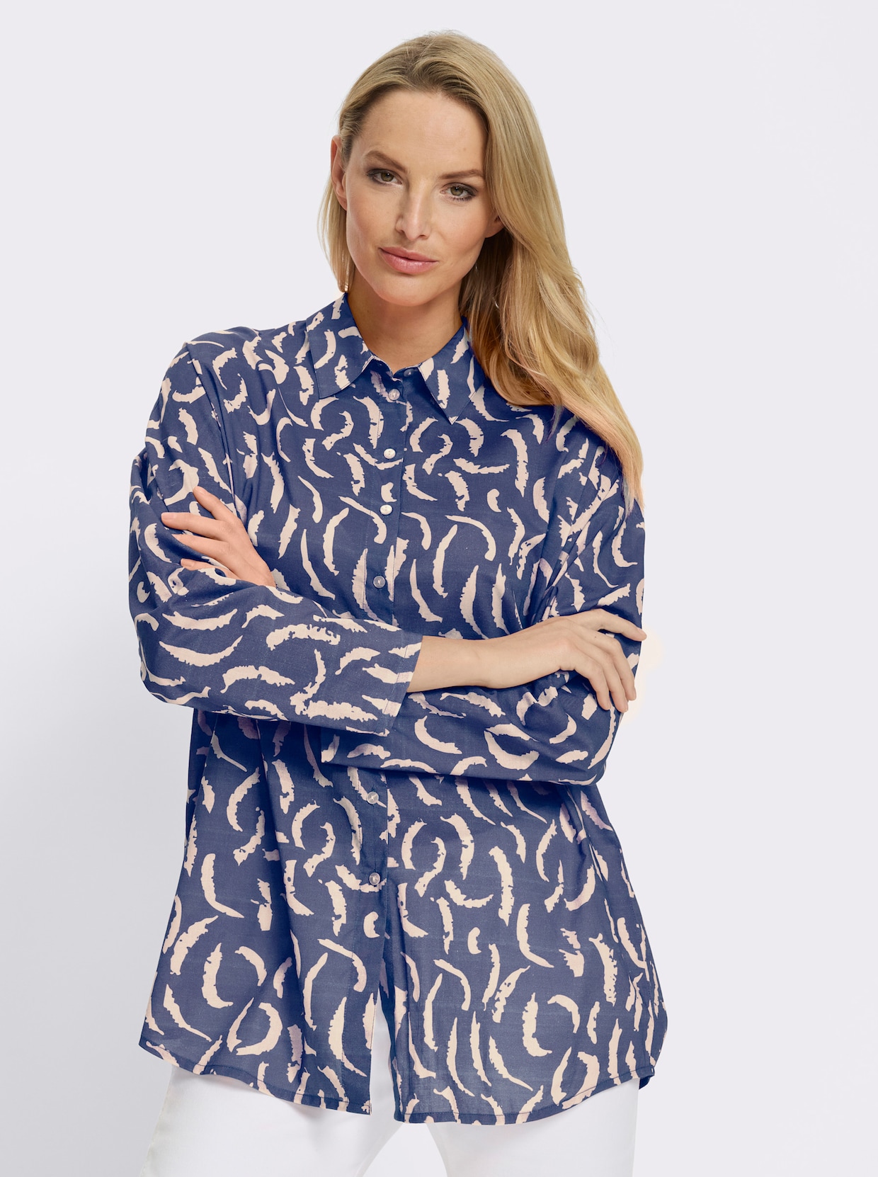 heine Druckbluse - rauchblau-sand-bedruckt