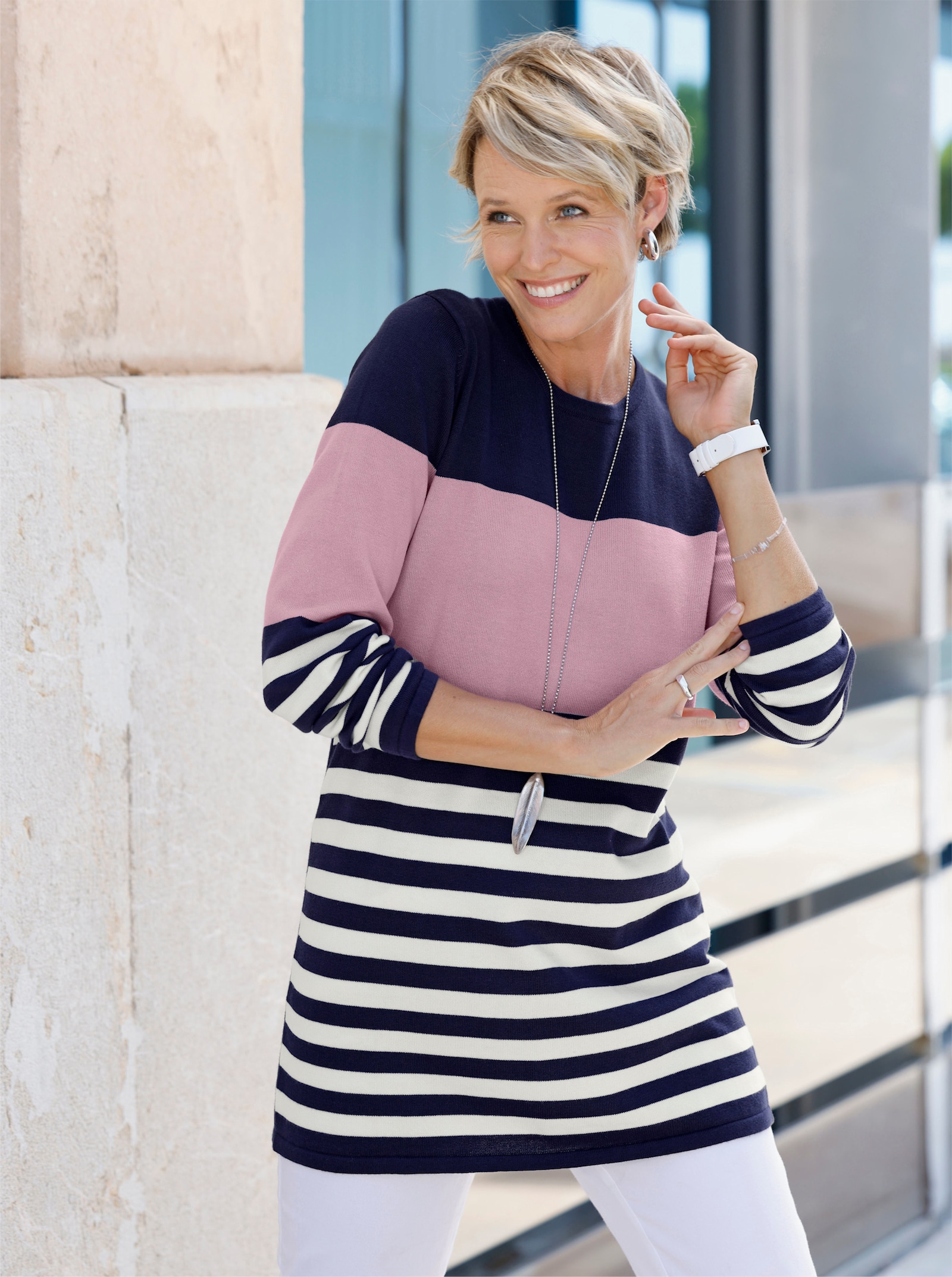 Longpullover mit Streifen-Muster vorne - rosé-marine-geringelt