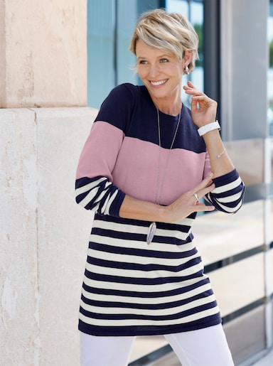 Longpullover mit Streifen-Muster vorne - rosé-marine-geringelt