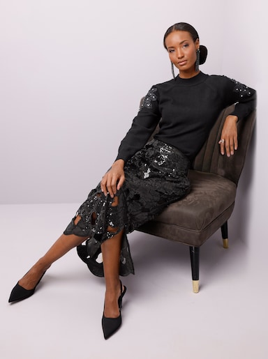 Langarm-Pullover mit besticktem Netzeinsatz - schwarz