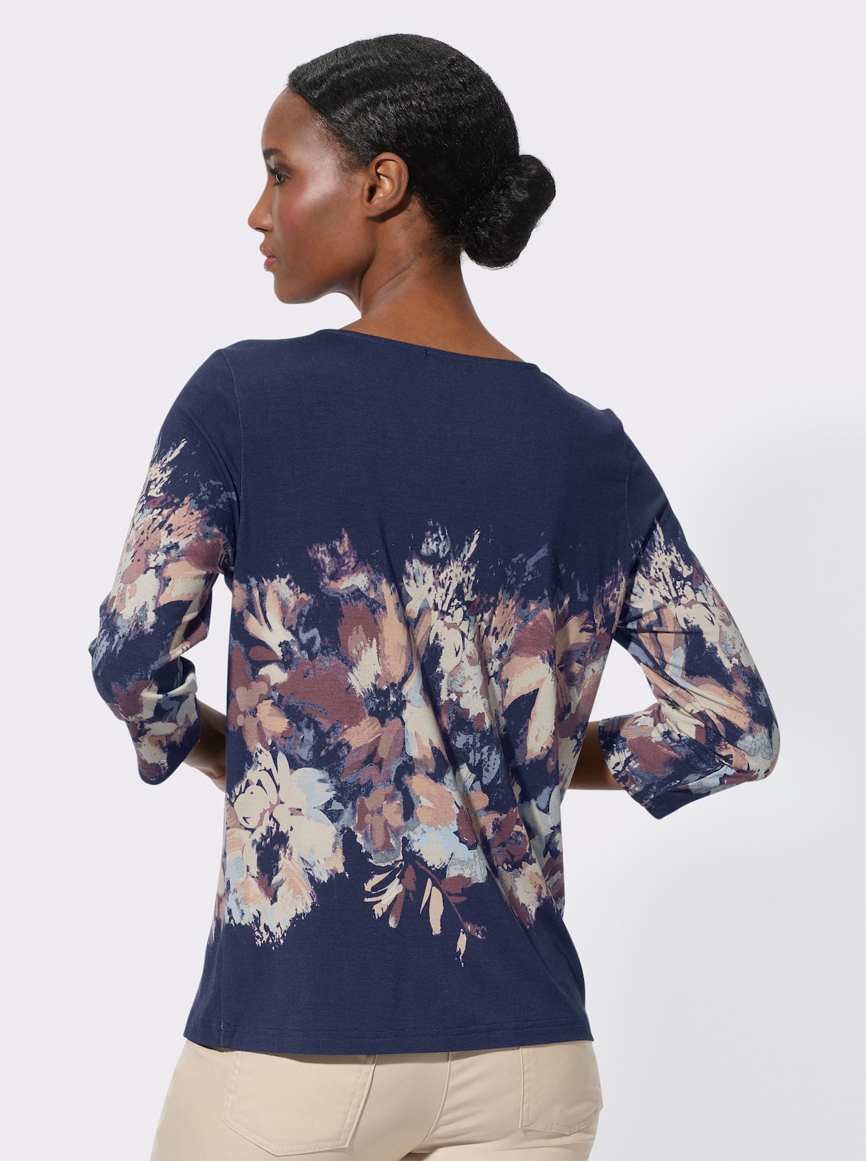 Shirt met 3/4-mouw - marine/champagne bedrukt