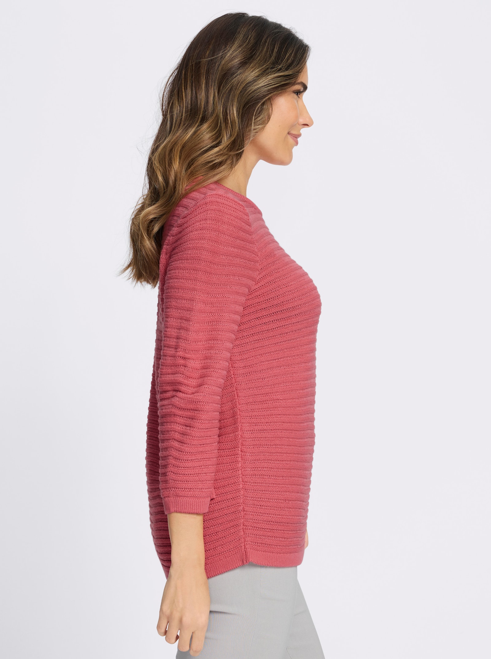 3/4 Arm-Pullover mit Struktur-Streifen - flamingo