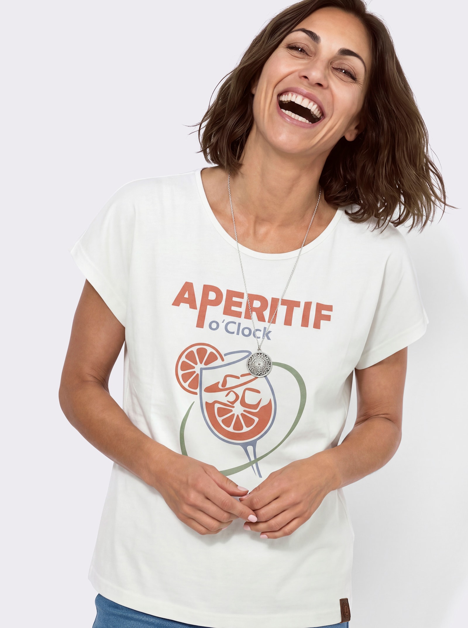 Shirt mit überschnittenen Schultern - ecru-papaya-bedruckt
