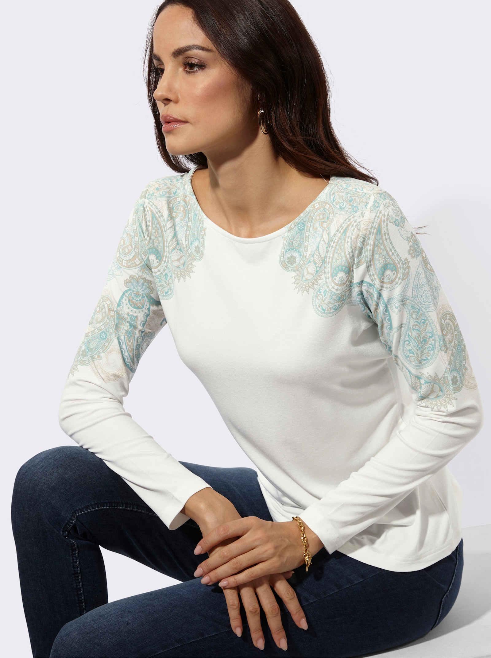 Langarmshirt mit platziertem Paisley-Druck - ecru-salbei-bedruckt