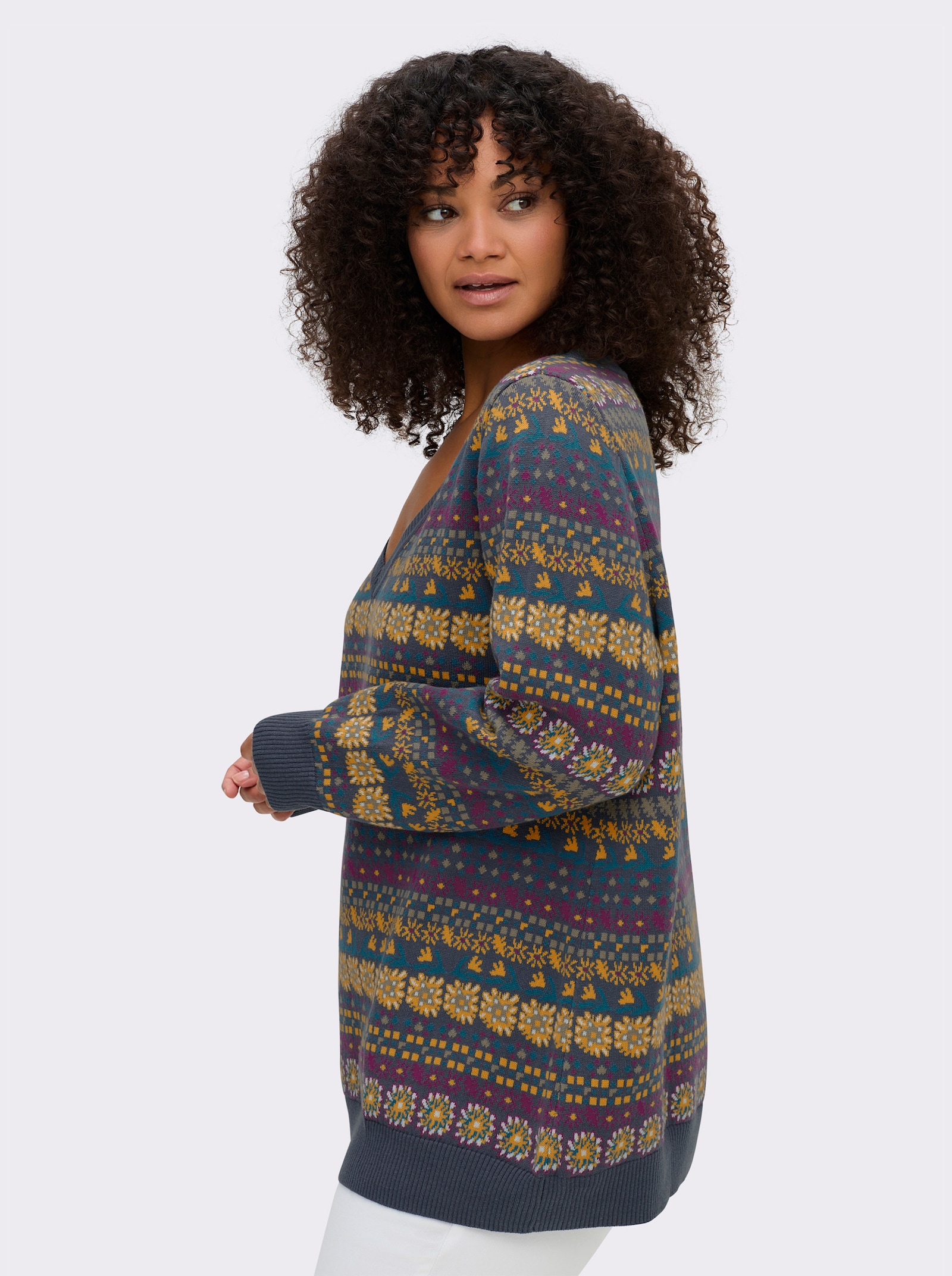 sheego Pullover im Jacquard-Muster - rauchblau-gemustert
