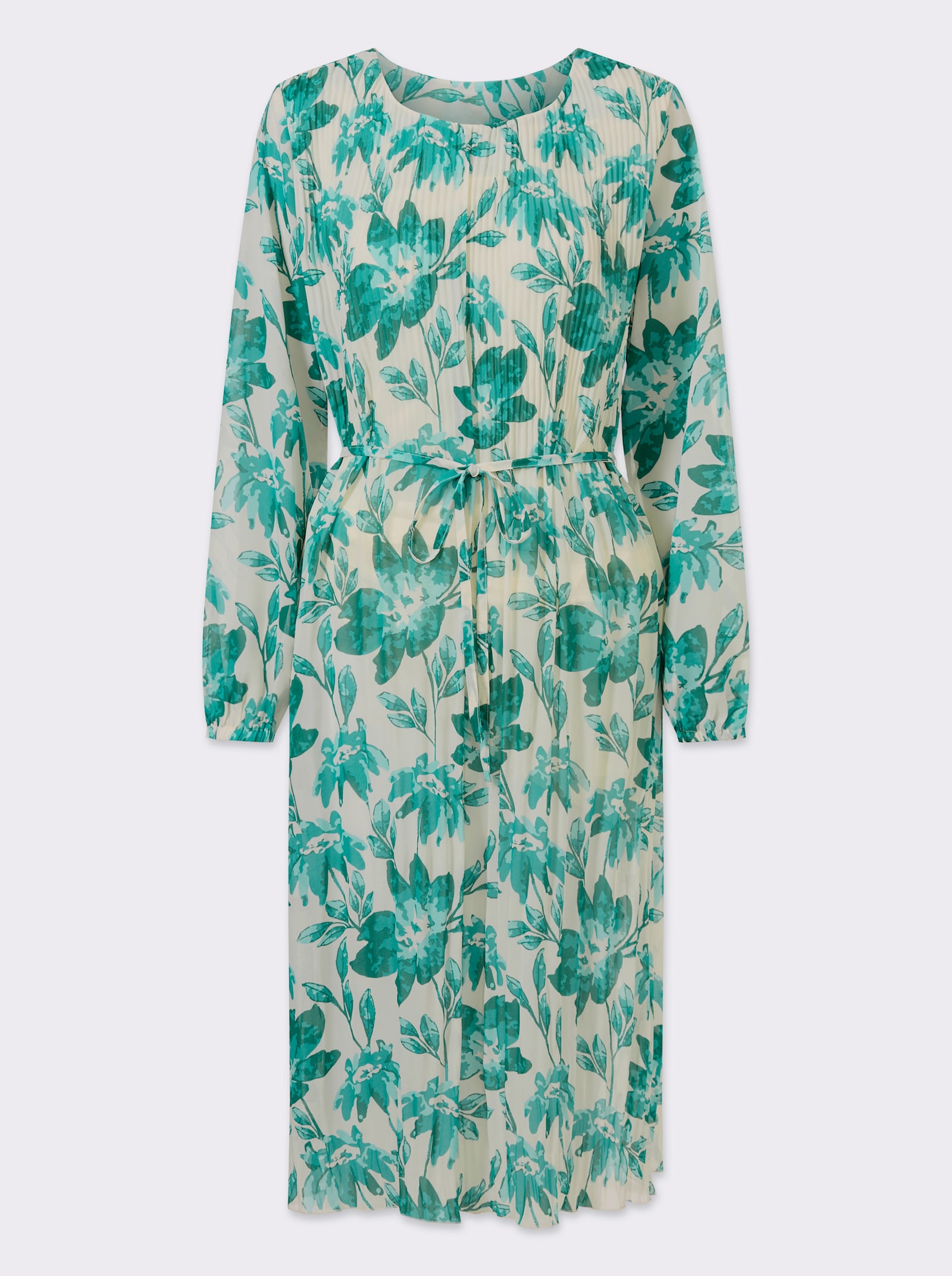 Plisseekleid mit abnehmbarem Bindegürtel - smaragd-champagner-bedruckt
