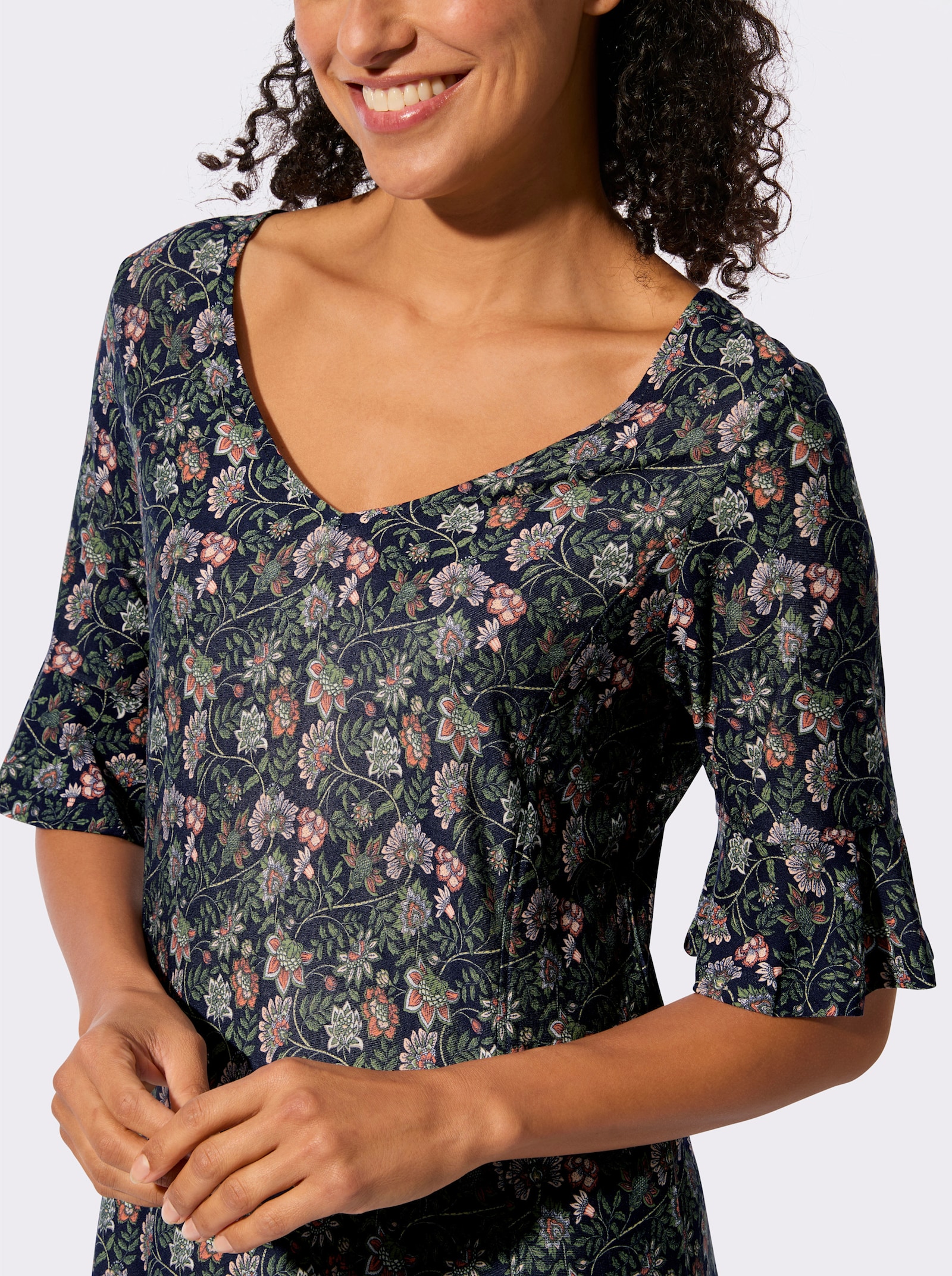 Jerseykleid mit Volants - marine-eucalyptus-bedruckt