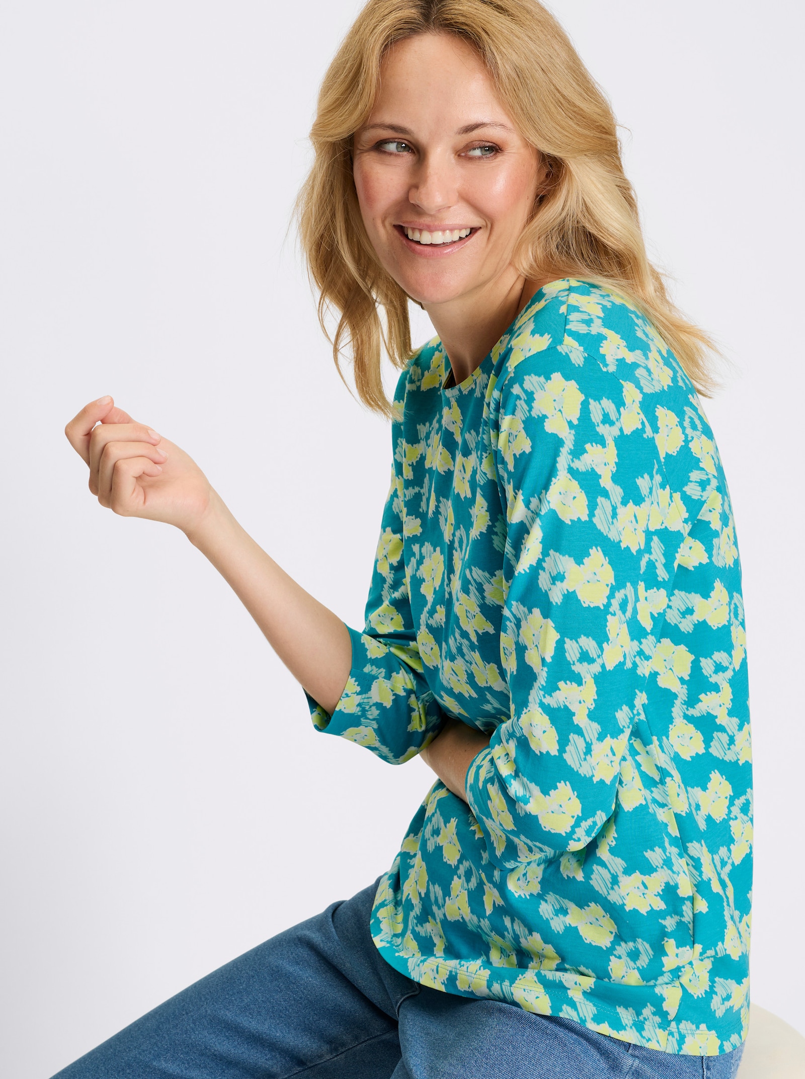 3/4-Arm-Shirt allover bedruckt, Baumwolle - türkis-pistazie-bedruckt
