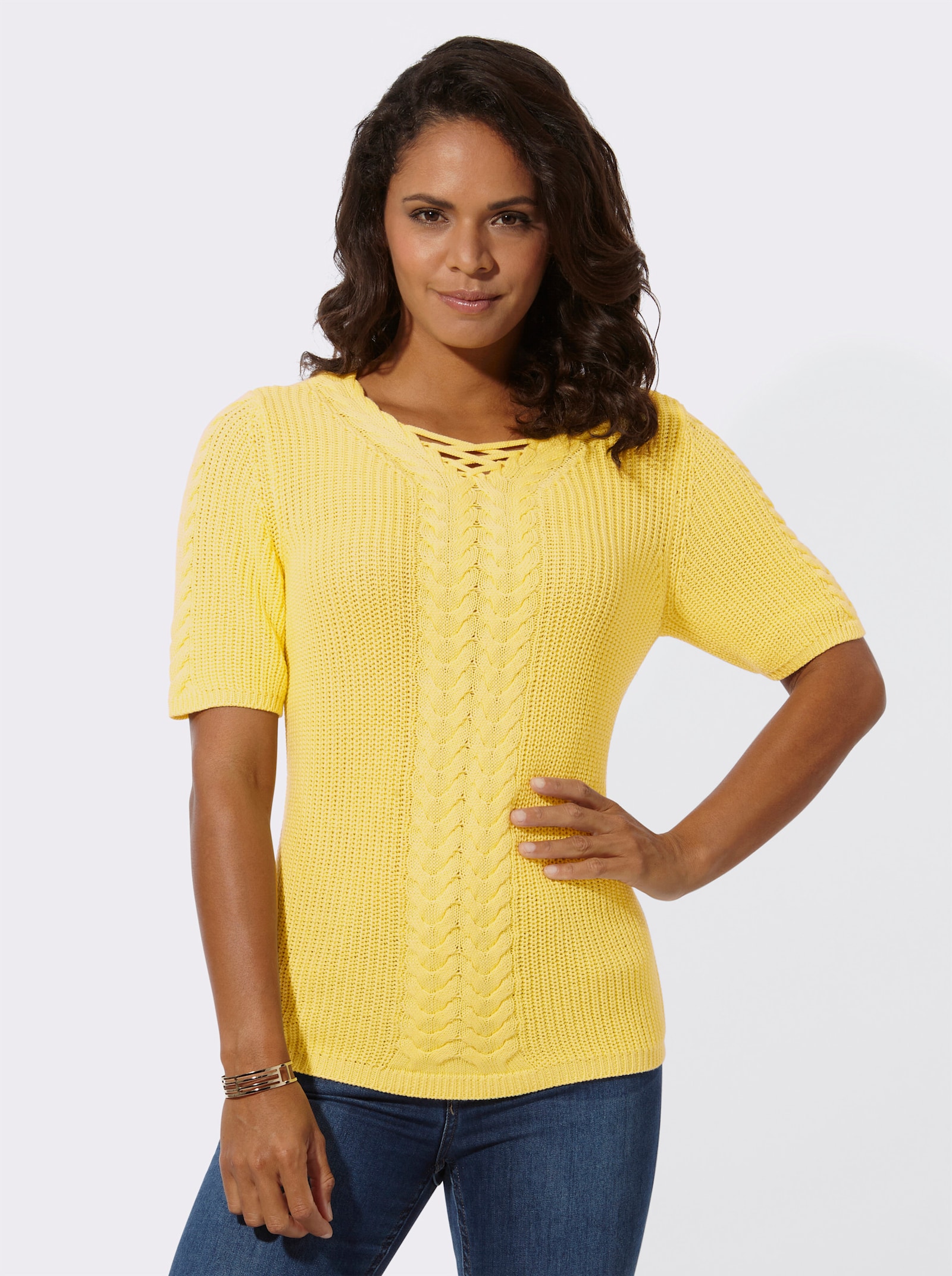Kurzarmpullover mit Bändchen-Verzierung - zitrone
