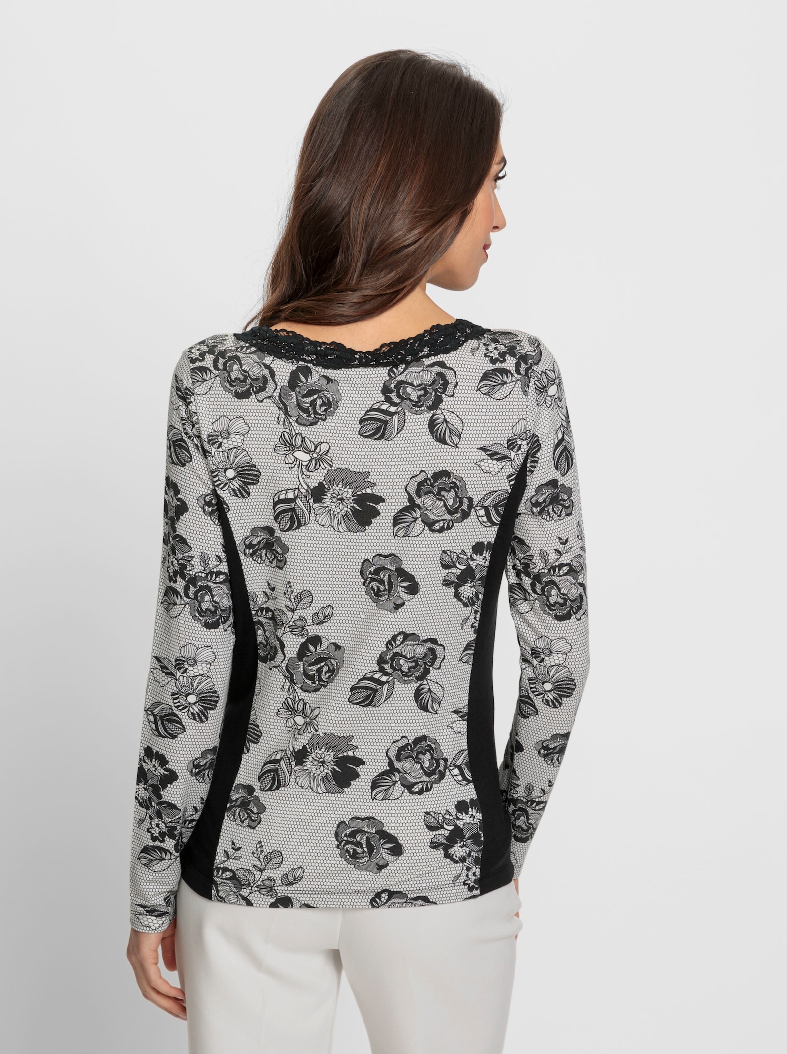 heine Shirt met lange mouwen en kanten details - zwart/ecru geprint