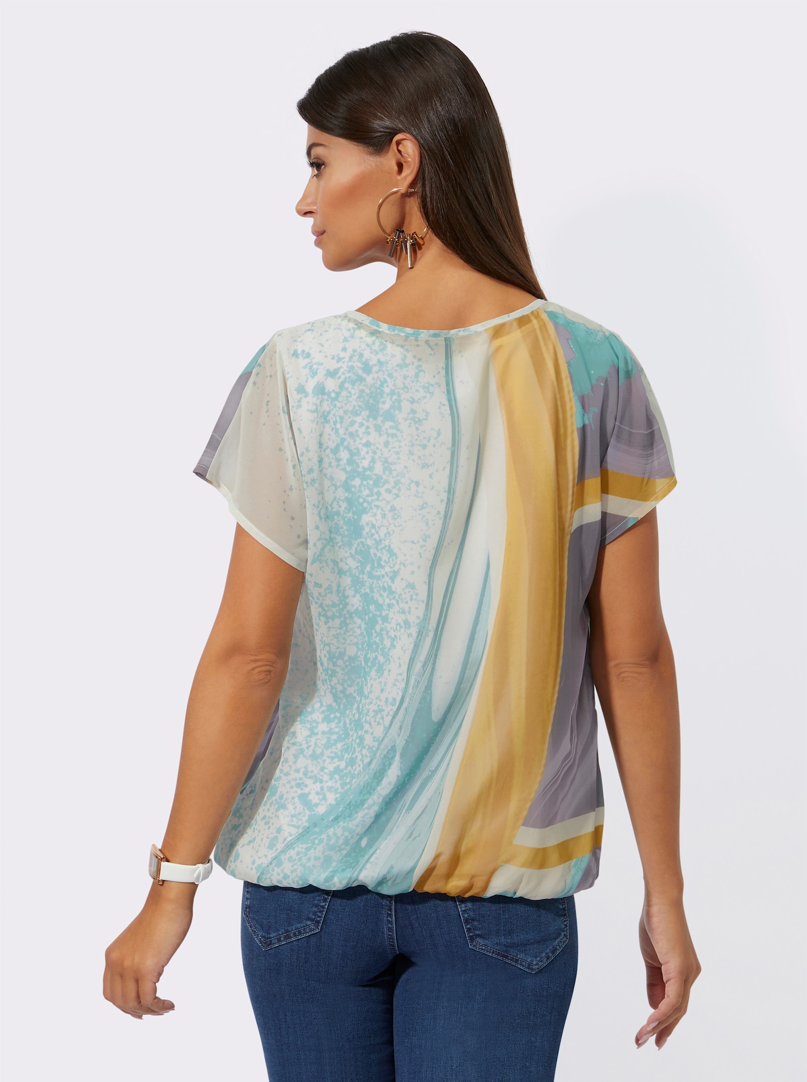 Ärmellose Bluse mit eingenähtem Viskose-Jersey-Top - salbei-ecru-bedruckt