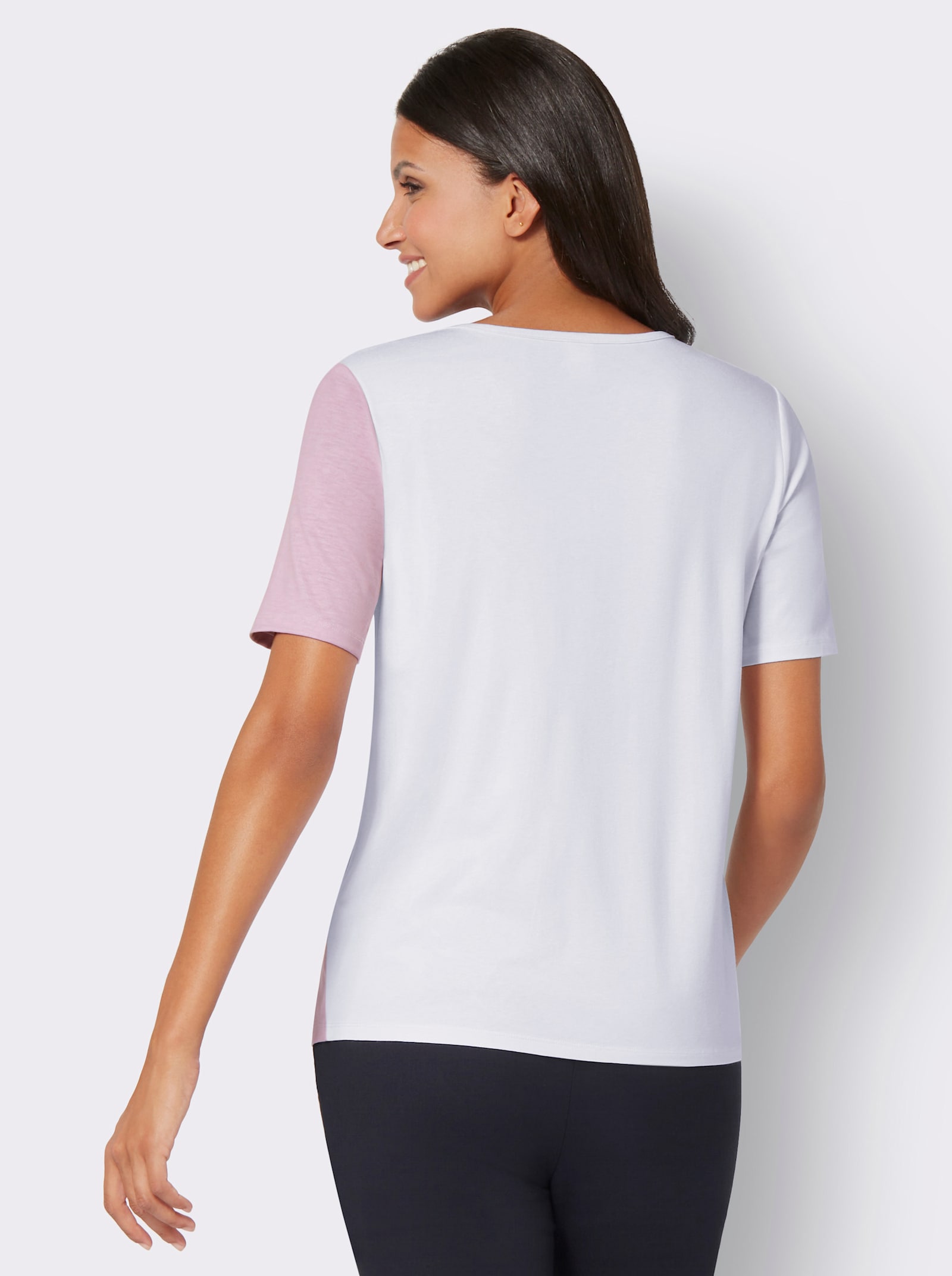 V-Shirt mit Paillettenband - rosé-weiß